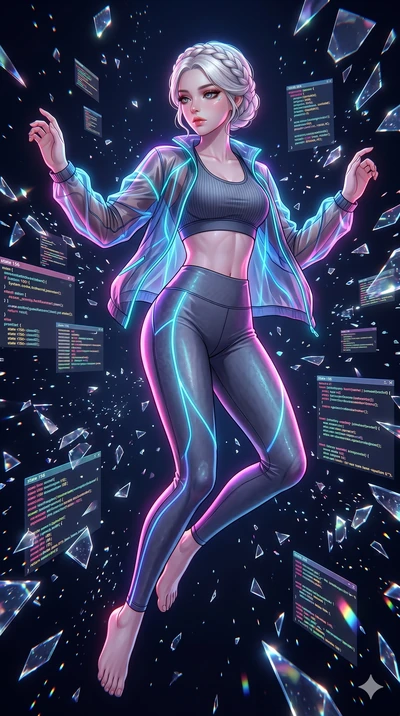 score_9, masterpiece, best quality, ultra-detailed, Set A: High-budget Anime Keyframe, Korean woman. Low angle cowboy shot filling the entire 9:16 frame with her statuesque presence. Floating through a virtual reality void, as gravity fails and every