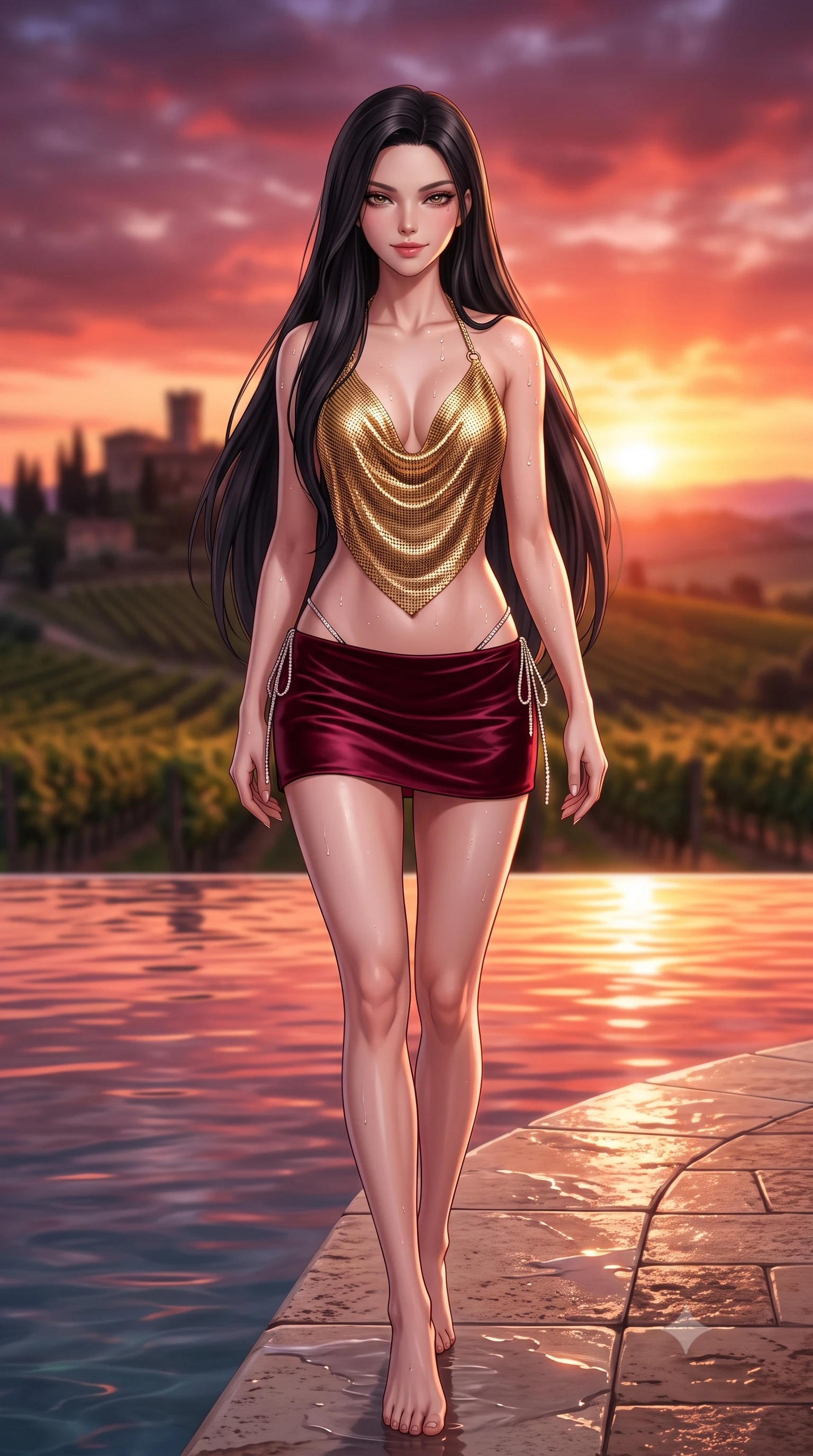 score_9, masterpiece, best quality, ultra-detailed, high-budget anime keyframe, semi-realistic 3D game render, editorial fashion photography, tasteful artistic composition, Korean woman. close-up cowboy shot from the waist and thighs up, the character dominates the composition, filling the frame with her large presence. leaning forward while arching her lower back to accentuate her curvy hips, looking into the camera with an intoxicating smoldering gaze and bedroom-eyes while walking slowly along the wet travertine edge of the infinity pool, arching her spine with seductive grace as the fiery crimson sunset reflects in the water. The background shows a soft-focus lush Sangiovese vineyard rows stretching to the horizon, ancient hilltop castle silhouettes, and fiery crimson sunset sky blurred into rose-gold, burgundy, and violet bokeh. She has an exceptionally elegant, slender, and willowy female figure with an ultra-slim waist, flat toned midriff, narrow ribcage, and sculpted feminine hips creating an alluring, slim hourglass silhouette without bulk. sharp v-shaped jawline, high-bridge nose, sparkling eyes with hypnotic seductive depth, thick curled eyelashes, glossy parted lips with a natural dewy peach sheen, alluring bedroom-eyes with an enchanting coquettish smile, exuding magnetic siren charisma and sophisticated glamour, flawlessly proportioned anatomical accuracy, strict slender model proportions, natural body alignment, perfectly sculpted long slender limbs, ultra-slim waistline, clean dynamic posture without body distortion. wearing a liquid gold chainmail cowl halter top paired with an ultra-low-rise velvet mini skirt and side rhinestone ties in smoldering Chianti crimson wine and deep rose-gold, crafted from fluid liquid silk satin that clings smoothly to every curve with a dewy sheen, finished with glistening drops of hot spring water beading across her sculpted shoulders and collarbones, the glove-like clinging cut tightly following the natural contour of her hips and long slender legs with youthful 8.5-heads elegance. bathed in saturated crimson, apricot, and lavender sunset light blazing across the Tuscan sky. highly saturated vibrant anime colors, detailed shading with soft gradients, rich glossy textures, high-contrast stereoscopic depth, volumetric dynamic lighting, master piece, 9:16 ratio