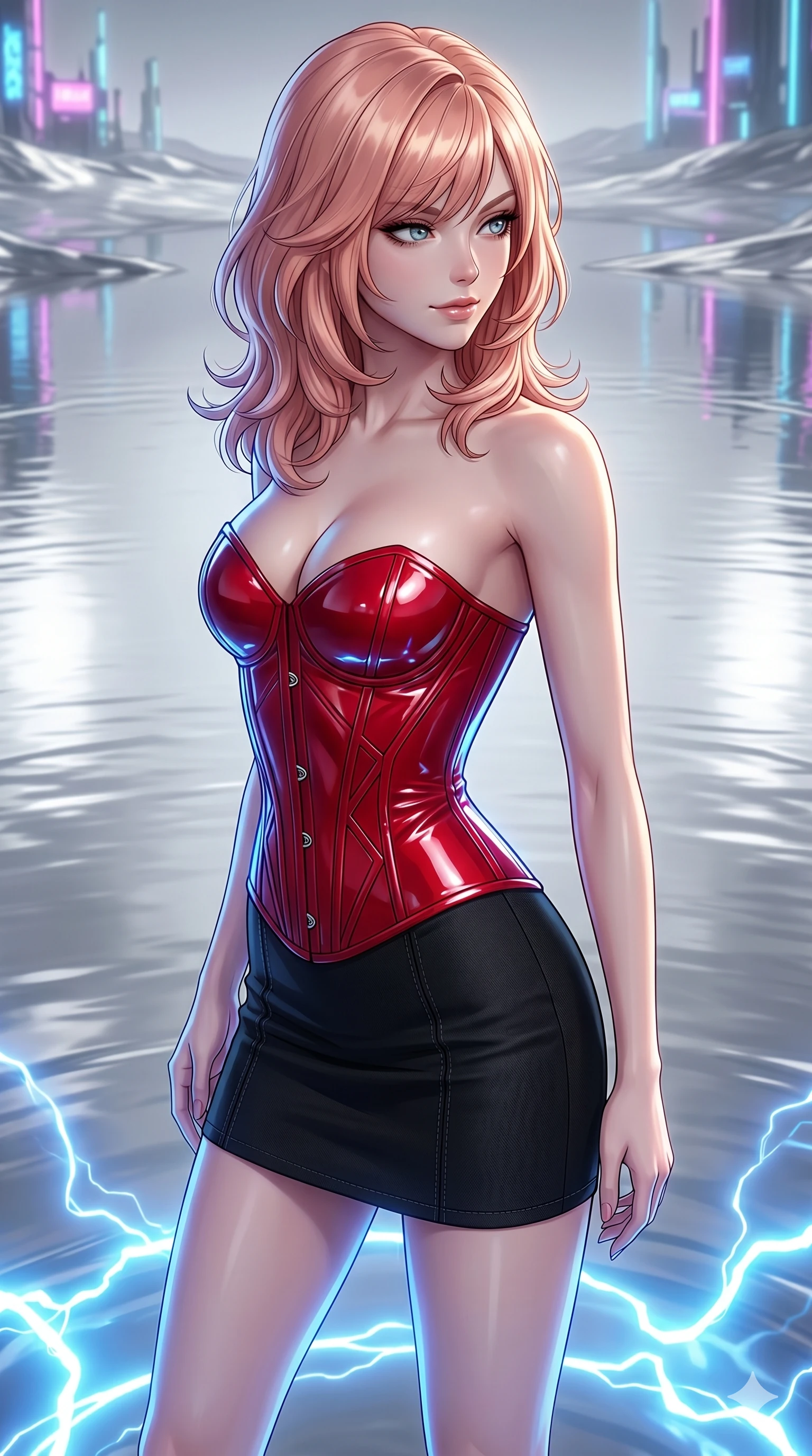 score_9, masterpiece, best quality, ultra-detailed, high-budget anime keyframe, editorial fashion photography, tasteful artistic composition, Japanese woman. cowboy shot from the thighs up, character and outfit filling the frame for maximum editorial presence. Glancing sidelong over her shoulder with a smoldering half-smile at the edge of a cybernetic lake where the water is a perfectly reflective silver mirror. She has an absolutely perfect 8-heads proportion, an exceptionally tall and slender female figure with impossibly long slender legs and an ultra-slim waist. V-shaped jawline, high-bridge nose, intricate jewel-like eyes with depth, thick eyelashes, glossy lips with a natural sheen. wearing a structured corset in high-gloss cherry red latex-effect fabric with a sweetheart neckline, paired with a high-waist tailored black mini-skirt. highlighted by pulsing electric blue plasma arc lighting from below, casting dramatic upward shadows. 2k, ultra detail, master piece, 9:16 ratio