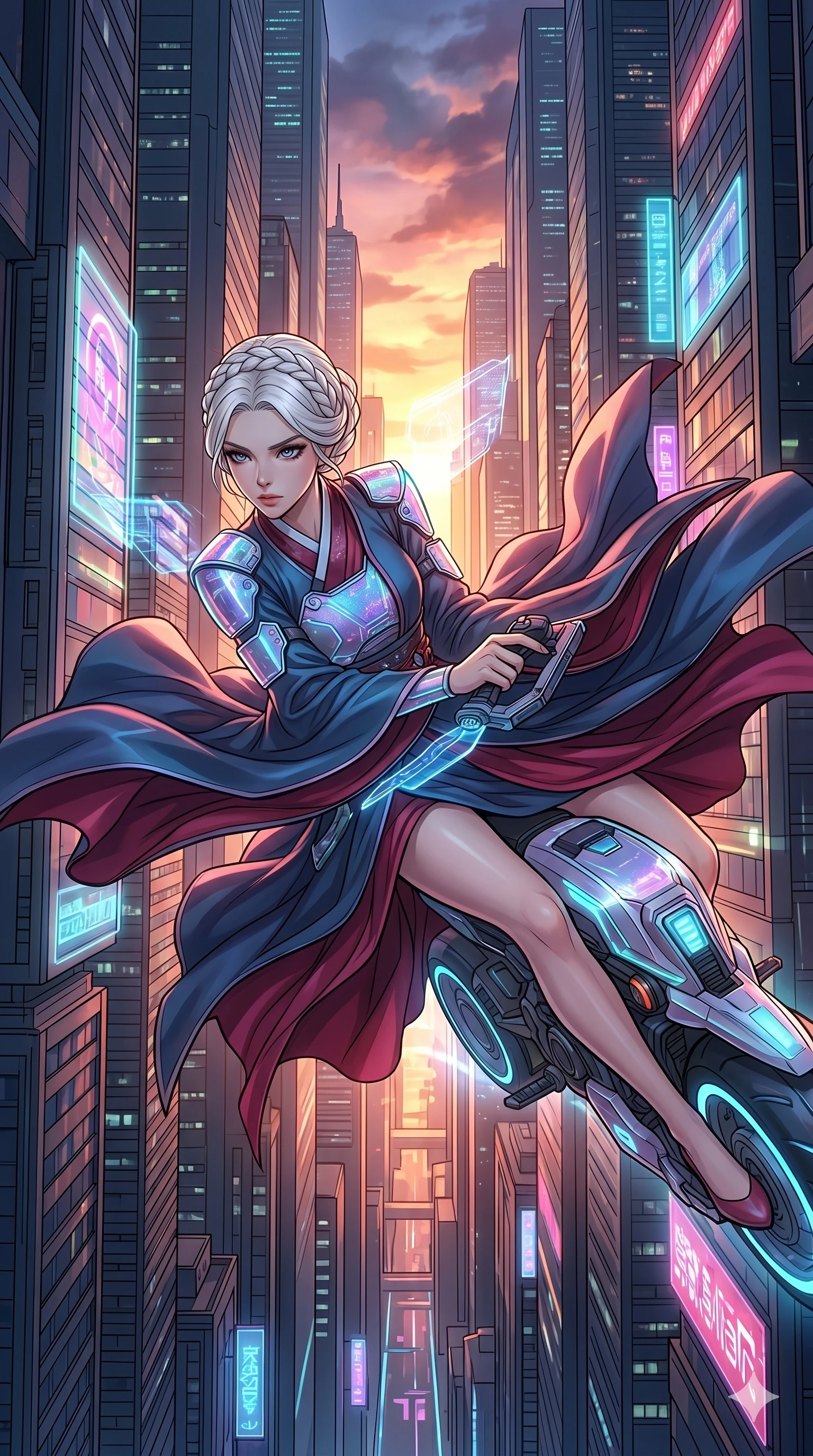 score_9, masterpiece, best quality, ultra-detailed, high-budget anime movie keyframe, cinematic anime lighting, intricate line art, Japanese woman. Mid-air action shot capturing a graceful twist and vertical silhouette. piloting a hover-bike through a narrow canyon of skyscrapers. She has an graceful and slender female figure with elegant proportions. strictly human anatomy, two legs only, no extra limbs, clearly defined legs and arms, well-defined anatomy, perfect hands and fingers. sharp v-shaped jawline, high-bridge nose, intricate jewel-like eyes, thick eyelashes, glossy lips. Wearing Modern Traditional: Modernized cyber-hanbok with elegant silk robes and holographic accents. The scene is illuminated by dramatic atmospheric lighting and vibrant color palettes. , 2k, ultra detail, master piece, 9:16 ratio