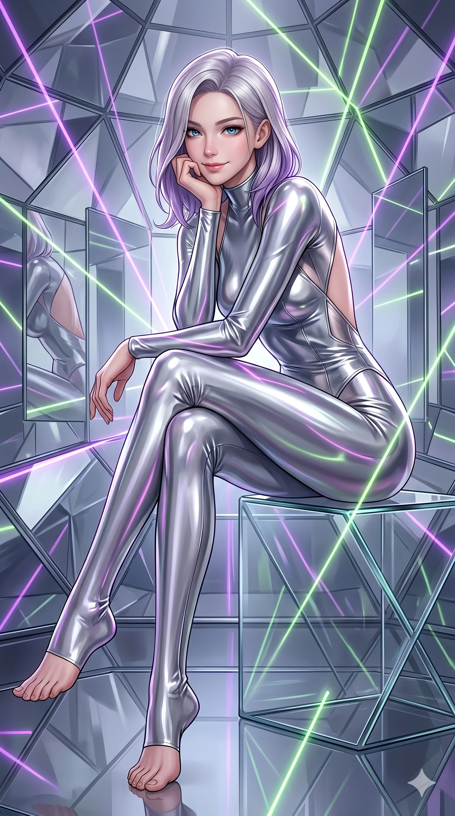 score_9, masterpiece, best quality, ultra-detailed, high-budget anime keyframe, editorial fashion photography, tasteful artistic composition, Caucasian woman, strictly human ears. cowboy shot from the thighs up, character and outfit filling the frame for maximum editorial presence. resting her chin on her fingers, smiling with quiet magnetic charm directly into the lens in a rotating mirror chamber with kinetic laser lines (Code-P16-107). She has an absolutely perfect 8-heads proportion, an exceptionally tall and slender female figure with impossibly long slender legs and an ultra-slim waist. V-shaped jawline, high-bridge nose, intricate jewel-like eyes with depth, thick eyelashes, glossy lips with a natural sheen. wearing a sleek liquid-mercury silver bodysuit with a bold plunging neckline and an open-back design. multi-source laser beams in violet and lime green reflecting off mirrors, tracing her contours. 2k, ultra detail, master piece, 9:16 ratio