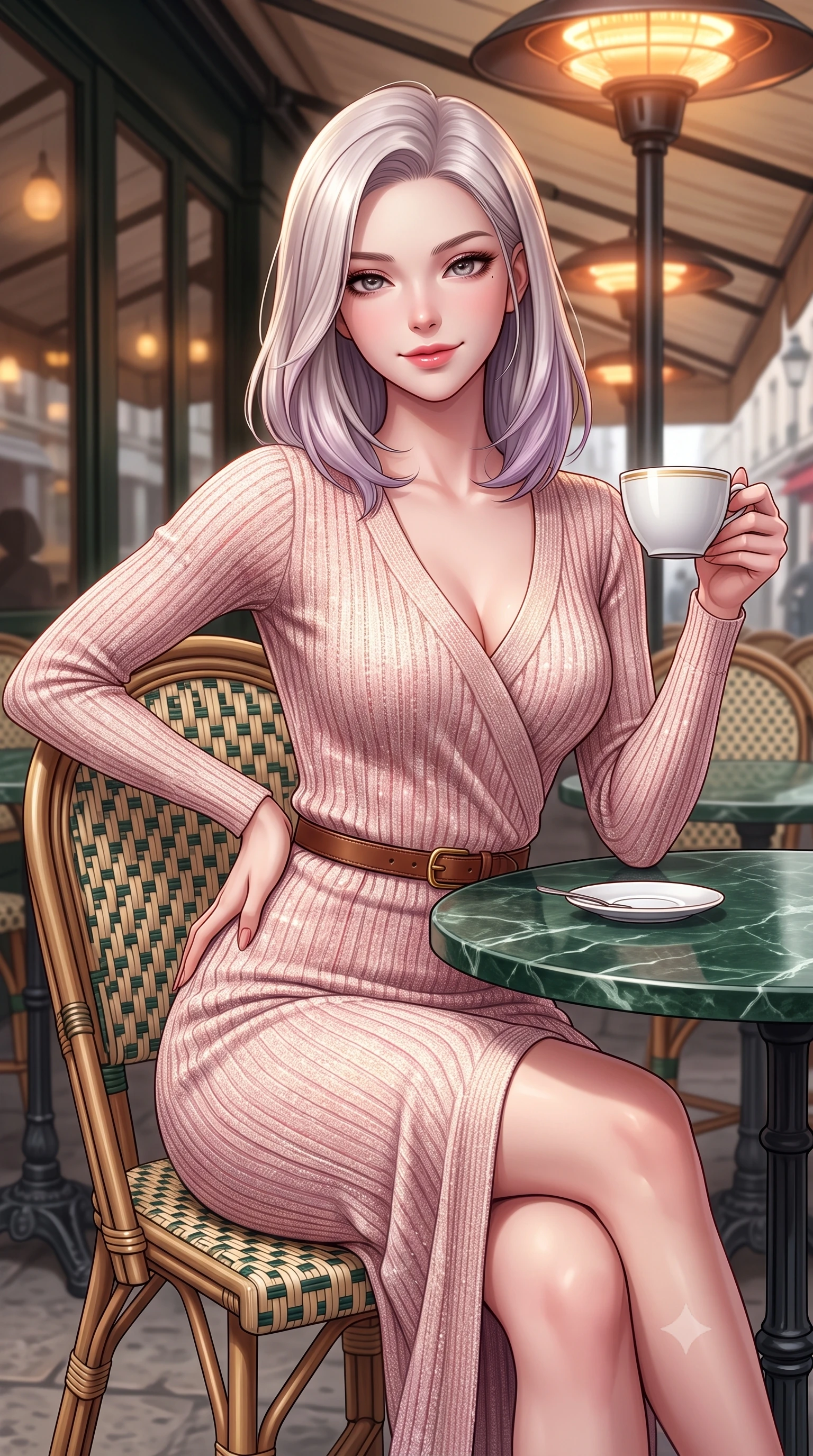 score_9, masterpiece, best quality, ultra-detailed, high-budget anime keyframe, semi-realistic 3D game render, editorial fashion photography, tasteful artistic composition, Caucasian woman. close-up cowboy shot from the waist and thighs up, the character dominates the composition, filling the frame with her large presence. arching her lower back slightly with one hand resting on her sculpted hip, looking into the camera with an enchanting and coquettish smile while sitting poised at a round green marble bistrot table beneath the heated cafe awning, cradling a porcelain cup with a radiant French smile. The surrounding environment is rendered in vivid detail and crisp panoramic clarity: sharp green marble tabletop veining, intricate woven rattan chair patterns, and cast-iron table base curves in deep focus. She has an exceptionally elegant, slender, and willowy female figure with an ultra-slim waist, flat toned midriff, narrow ribcage, and sculpted feminine hips creating an alluring, slim hourglass silhouette without bulk. sharp v-shaped jawline, high-bridge nose, intricate jewel-like sparkling eyes with depth, thick eyelashes, glossy parted lips with a natural peach sheen, bright cheerful beaming smile with an enchanting and coquettish sensual glint, exuding both youthful cute charm and seductive allure, flawlessly proportioned anatomical accuracy, strict slender model proportions, natural body alignment, perfectly sculpted long slender limbs, ultra-slim waistline, clean dynamic posture without body distortion. wearing a body-hugging asymmetrical-wrap ribbed knit midi dress with fluid stretch fabric tracing her curvaceous hips in Parisian pastel rose bouclé and cream pearl, woven from stretch metallic lurex knit casting subtle luminous champagne glints across her contours, finished with a slim equestrian bridle-leather belt cinched tightly at the narrowest point of her waist, the second-skin tailored fabric adhering flawlessly to her sculpted flat midriff and slender torso, emphasizing her long leg lines and perfectly proportioned willowy build. bathed in soft overcast Parisian natural daylight warmed by glowing overhead outdoor patio heaters. highly saturated vibrant anime colors, detailed shading with soft gradients, rich glossy textures, high-contrast stereoscopic depth, volumetric dynamic lighting, master piece, 9:16 ratio