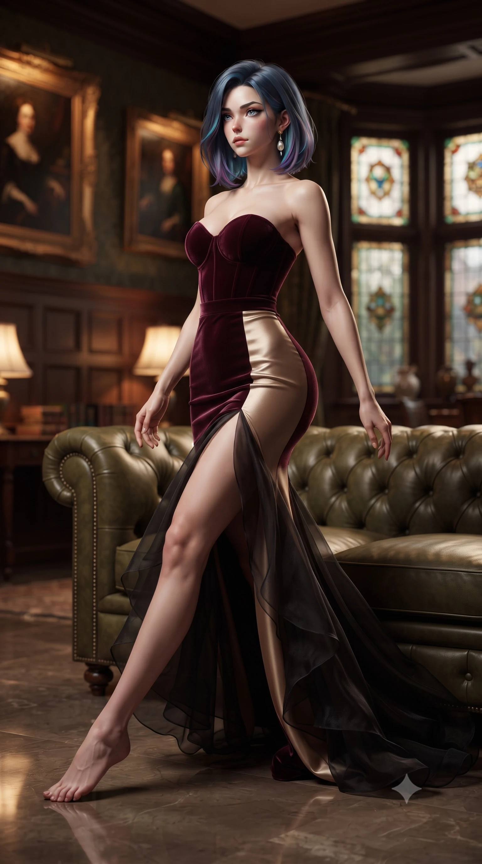 score_9, masterpiece, best quality, ultra-detailed, high-budget anime keyframe, editorial fashion photography, tasteful artistic composition, Caucasian woman. low angle full-body shot from head to toe showing her feet, filling the entire 9:16 vertical frame with her statuesque presence, stretching her vertical silhouette. striding forward gracefully across the reflective floor with sovereign supermodel poise, hips swaying in an alluring kinetic rhythm that accentuates her curvy hourglass silhouette and long slender legs while reclining back into a deep olive-green tufted Chesterfield sofa with one knee crossed over the other, arching her back with aristocratic poise. The composition keeps background elements in soft focus with dreamy creamy bokeh. dark wood wainscoting panels, oil paintings in heavy gilded frames, and stained-glass bay windows blurred into rich bronze, emerald, and amber bokeh. She has an exceptionally tall and slender model-like 8.5-heads proportion, an ultra-slim waist, a flat toned midriff, narrow delicate ribcage, and beautifully sculpted feminine hips creating a graceful, slim hourglass silhouette without any bulky heaviness, with impossibly long slender legs. sharp v-shaped jawline, high-bridge nose, intricate jewel-like dark sparkling eyes with dangerous depth, thick curled eyelashes, glossy parted lips with a rich wine sheen, smoldering seductive half-smile with bedroom-eyes, exuding effortless superiority and intoxicating dark allure, flawlessly proportioned anatomical accuracy, strict slender model proportions, natural body alignment, perfectly sculpted long slender limbs, ultra-slim waistline, clean dynamic posture without body distortion. wearing a sweetheart-neckline velvet bustier paired with a curve-hugging high-slit mermaid maxi skirt in dark mulberry wine and antique champagne, crafted from layered gossamer black organza with weightless, smoky flutter, accented with a single dangling baroque pearl earring reflecting the amber glow, the liquid-tight tailored fabric clinging flawlessly to her narrow waist and rounded feminine hips, emphasizing every millimeter of her sculpted slim hourglass curves without any bulky heaviness. bathed in soft warm table lamp ambient fill and deep atmospheric shadow tones. ultra-reflective glossy finish, specular highlights, rich textural contrasts, high-contrast stereoscopic depth, volumetric dynamic lighting, 2k, ultra detail, master piece, 9:16 ratio