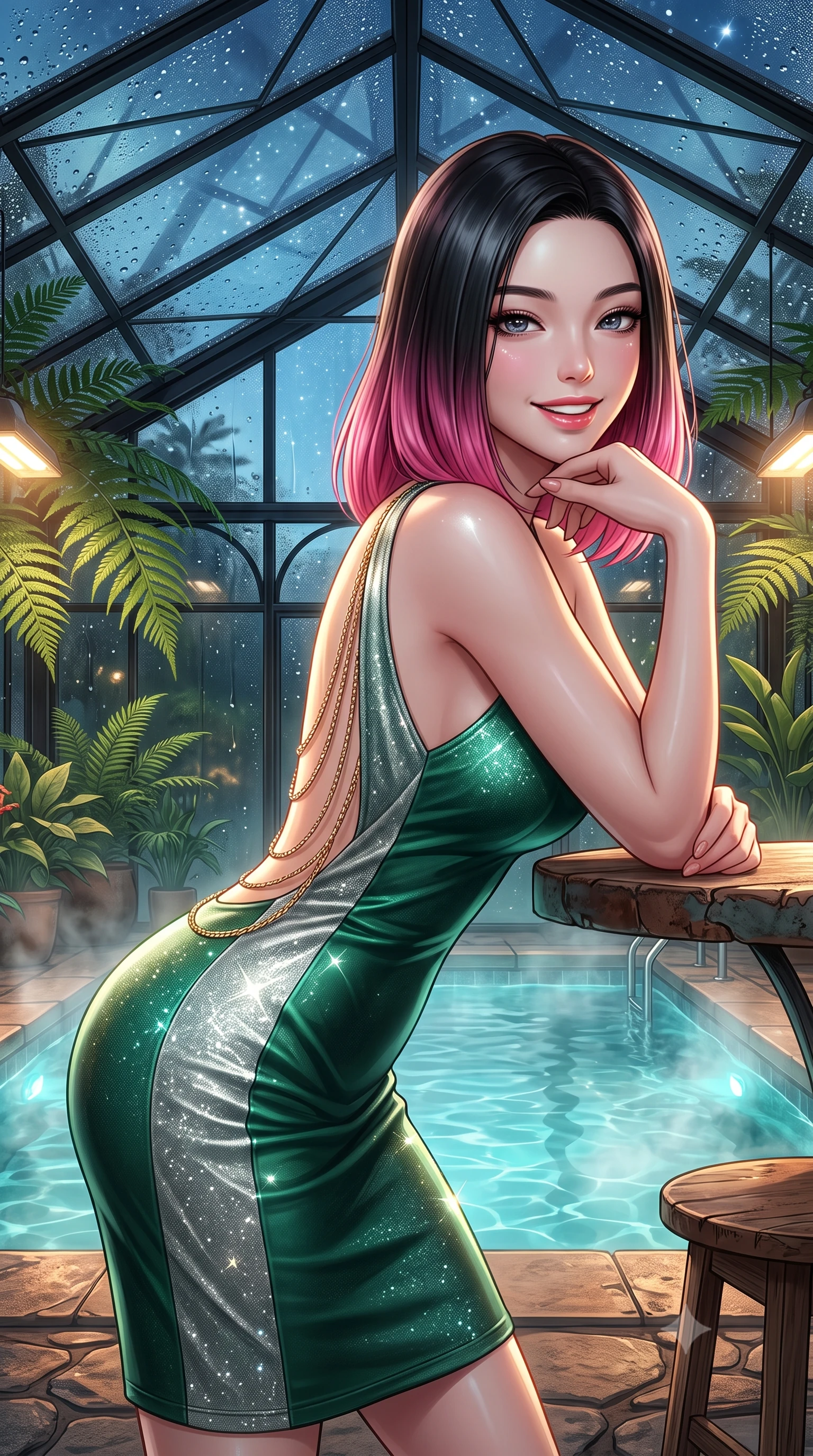 score_9, masterpiece, best quality, ultra-detailed, high-budget anime keyframe, editorial fashion photography, tasteful artistic composition, Korean woman. close-up cowboy shot from the waist and thighs up, the character dominates the composition, filling the frame with her large presence. resting one elbow on the table and supporting her chin, leaning close to the camera with heavy-lidded sparkling eyes and parted lips while standing poised on the heated lava stone deck beside the steaming botanical thermal pool under the soaring glass conservatory truss, arching her back with siren allure. The surrounding environment is rendered in vivid detail and crisp panoramic clarity: sharp black iron greenhouse frame mullions, exotic fern frond veins, and water droplet condensation beads on glass in deep focus. She has an exceptionally elegant, slender, and willowy female figure with an ultra-slim waist, flat toned midriff, narrow ribcage, and sculpted feminine hips creating an alluring, slim hourglass silhouette without bulk. sharp v-shaped jawline, high-bridge nose, intricate jewel-like sparkling eyes with depth, thick eyelashes, glossy parted lips with a natural peach sheen, bright cheerful beaming smile with an enchanting and coquettish sensual glint, exuding both youthful cute charm and seductive allure, flawlessly proportioned anatomical accuracy, strict slender model proportions, natural body alignment, perfectly sculpted long slender limbs, ultra-slim waistline, clean dynamic posture without body distortion. wearing an ultra-sleek stretch lambskin leather sheath dress accentuating her slim waistline in Art Nouveau malachite green and antique starlight silver, woven from stretch metallic lurex jersey casting radiant starlight glints across her curves, accented with an open-back drape framed by falling strands of delicate gold chains, the impeccably tailored cut draping gracefully along her slender figure with aristocratic poise. bathed in warm 2600K botanical grow lamps combined with turquoise underwater pool LEDs and clear Arctic starlight through glass. ultra-reflective glossy finish, specular highlights, rich textural contrasts, high-contrast stereoscopic depth, volumetric dynamic lighting, 2k, ultra detail, master piece, 9:16 ratio