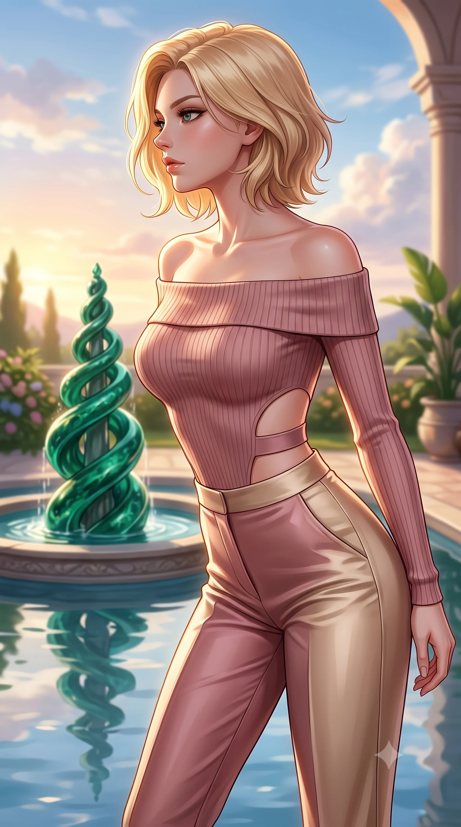 score_9, masterpiece, best quality, ultra-detailed, high-budget anime keyframe, editorial fashion photography, tasteful artistic composition, Caucasian woman. close-up cowboy shot from the waist and thighs up, the character dominates the composition, filling the frame with her large presence, background elements kept in soft focus. Turning her face in sharp profile while her upper body leans forward with poised athletic grace while pivoting dynamically near an emerald spiral fountain in a sunlit sky garden, still pool waters mirroring her slender silhouette and the open cloudscape. She has an exceptionally elegant, slender, and willowy female figure with an ultra-slim waist, a gracefully sculpted slender torso, and a refined silhouette. sharp v-shaped jawline, high-bridge nose, intricate jewel-like eyes with depth, thick eyelashes, glossy lips with a natural sheen, flawlessly proportioned anatomical accuracy, natural body alignment, perfectly sculpted elegant limbs, clean dynamic posture without body distortion. wearing a sleek off-shoulder ribbed knit top paired with high-waist tailored pants in dusty rose and champagne gold, crafted from smooth liquid silk, featuring clean architectural cutouts along her slender torso, the elegant draped fit framing her graceful clavicle and slender torso. illuminated by soft glowing sunset radiance with dramatic golden rim highlights. highly saturated vibrant anime colors, detailed shading with soft gradients, rich glossy textures, high-contrast stereoscopic depth, volumetric dynamic lighting, master piece, 9:16 ratio