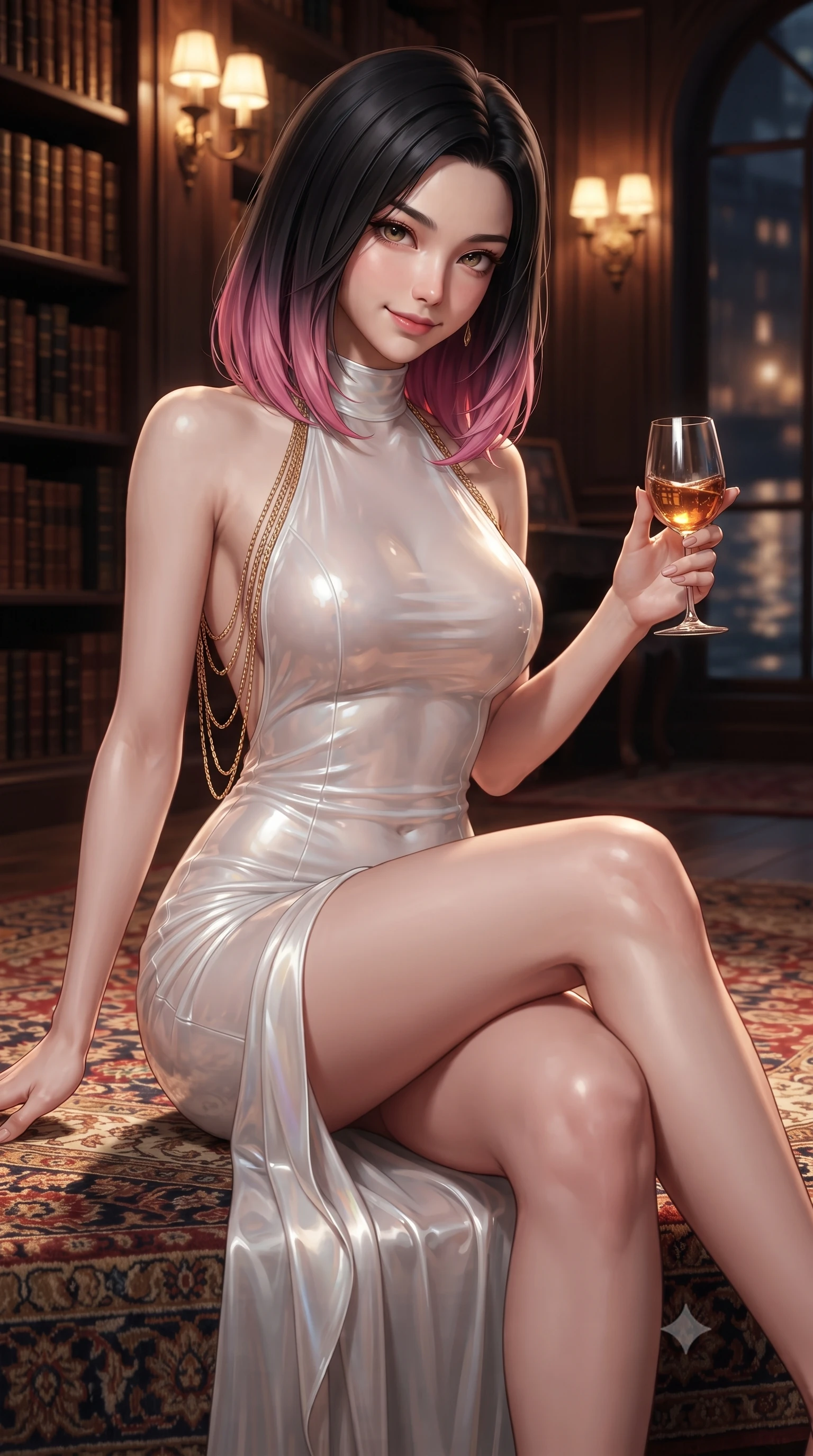 score_9, masterpiece, best quality, ultra-detailed, high-budget anime keyframe, editorial fashion photography, tasteful artistic composition, Korean woman. close-up cowboy shot from the waist and thighs up, the character dominates the composition, filling the frame with her large presence. tilting her head with a teasing half-smile, running one hand slowly down the side of her hip in a flirtatious S-curve as ambient light caresses her silhouette while sitting poised on the plush Persian rug before the fireplace with legs crossed, holding a crystal glass with effortless magnetic allure. The background shows a soft-focus shelves of gilt-spined antique volumes, roaring hearth flames, and Seine water ripples outside blurred into mahogany, amber, and midnight blue bokeh. She has an exceptionally elegant, slender, and willowy female figure with an ultra-slim waist, flat toned midriff, narrow ribcage, and sculpted feminine hips creating an alluring, slim hourglass silhouette without bulk. sharp v-shaped jawline, high-bridge nose, intricate jewel-like sparkling eyes with depth, thick eyelashes, glossy parted lips with a natural peach sheen, bright cheerful beaming smile with an enchanting and coquettish sensual glint, exuding both youthful cute charm and seductive allure, flawlessly proportioned anatomical accuracy, strict slender model proportions, natural body alignment, perfectly sculpted long slender limbs, ultra-slim waistline, clean dynamic posture without body distortion. wearing a provocative high-neck sheer illusion cocktail dress with liquid satin ribbons contouring her curves in pure translucent crystal white and iridescent pearl, made of fluid liquid jersey with seamless sculpting hold and smooth contours, accented with an open-back drape framed by falling strands of delicate gold chains, the second-skin tailored fabric adhering flawlessly to her sculpted flat midriff and slender torso, emphasizing her long leg lines and perfectly proportioned willowy build. bathed in the rich chiaroscuro glow of natural dancing hearth firelight and warm library reading sconces. ultra-reflective glossy finish, specular highlights, rich textural contrasts, high-contrast stereoscopic depth, volumetric dynamic lighting, 2k, ultra detail, master piece, 9:16 ratio