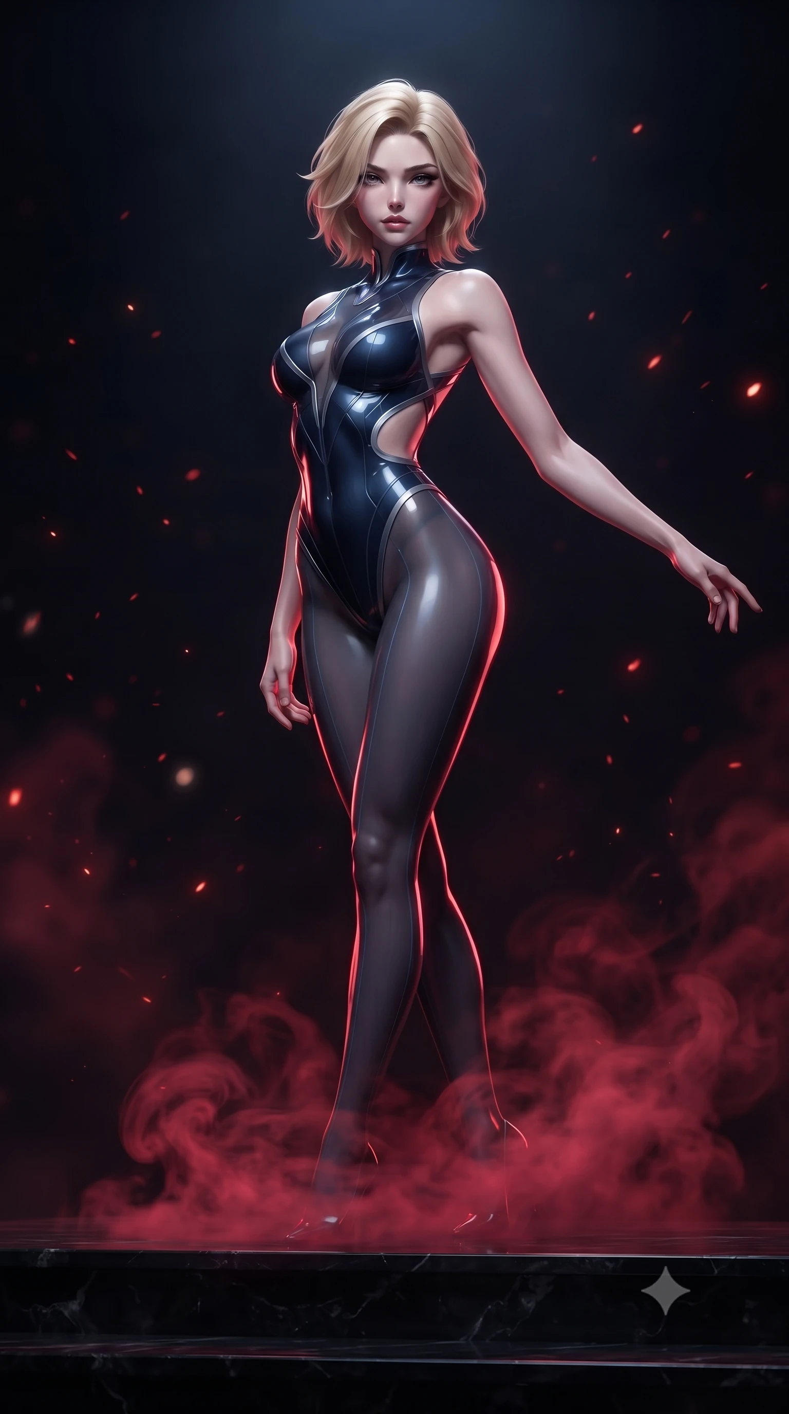 score_9, masterpiece, best quality, ultra-detailed, high-budget anime keyframe, editorial fashion photography, tasteful artistic composition, Caucasian woman. close-up cowboy shot from the waist and thighs up, the character dominates the composition, filling the frame with her large presence. extending one arm gracefully toward the shadows while her torso arches in a sleek, alluring curve with intoxicating, dangerous allure while standing with sovereign authority atop black stone dais steps as swirling crimson mist coils around her slender ankles. The composition keeps background elements in soft focus with creamy bokeh. floating red ember particles scattering soft glowing glints across a shadowy background. She has an exceptionally elegant, slender, and willowy female figure with an ultra-slim waist, a gracefully sculpted slender torso, toned flat midriff, and a refined slim silhouette. sharp v-shaped jawline, high-bridge nose, intricate jewel-like eyes with depth, thick eyelashes, glossy lips with a natural sheen, flawlessly proportioned anatomical accuracy, strict slender model proportions, natural body alignment, perfectly sculpted long slender limbs, ultra-slim waistline, clean dynamic posture without body distortion. wearing an ultra-sleek high-cut vinyl bodysuit with front contour paneling, exposed side-rib cutouts, and an open back in midnight navy blue and shadowed silver trim, tailored from semi-translucent dark cybernetic vinyl with subtle glowing micro-filaments, complemented by criss-cross back straps highlighting her completely bare spine, the liquid-tight tailored fabric emphasizing every curve of her tall, slender model proportions and sculptured silhouette during dynamic movement. illuminated by sharp red rim highlights tracing her ultra-slim waist, long legs, and flat midriff. ultra-reflective glossy finish, specular highlights, dark metallic sheen, deep chiaroscuro contrast, volumetric dynamic shadow lighting, 2k, ultra detail, master piece, 9:16 ratio
