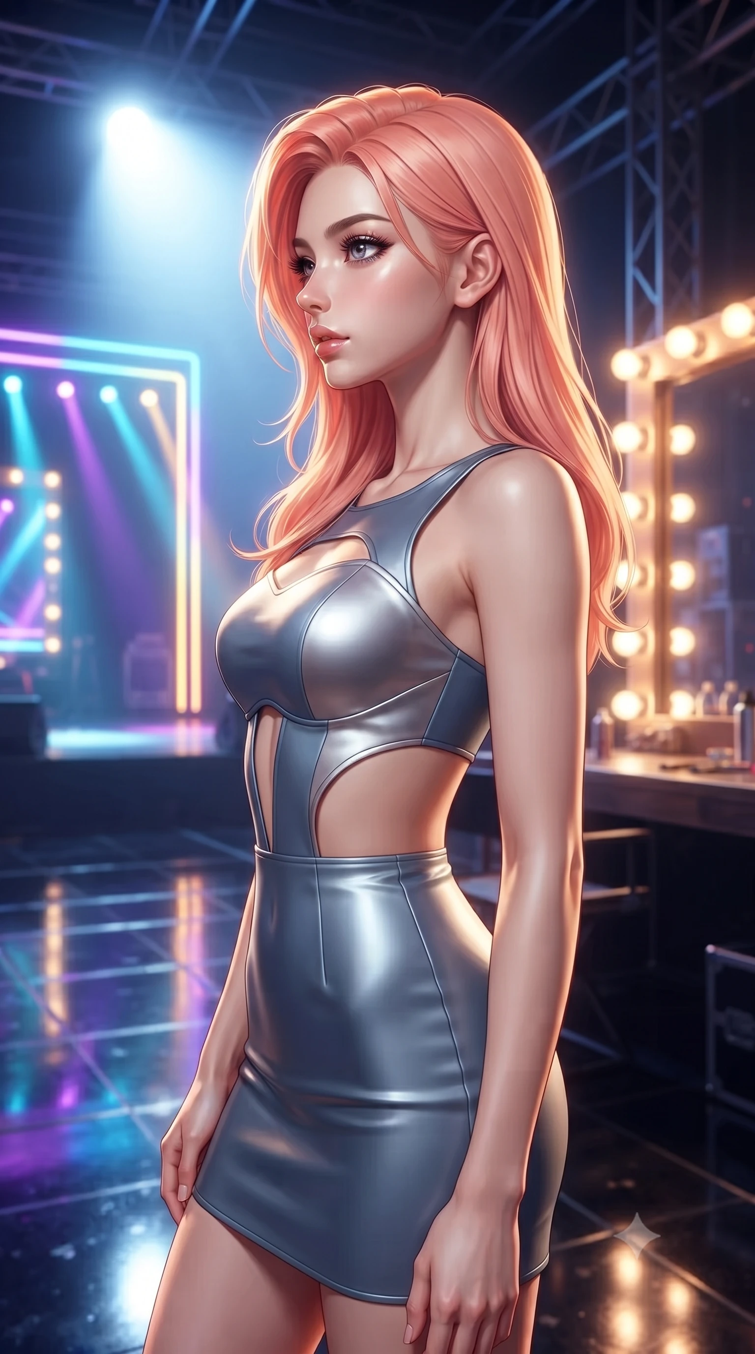 score_9, masterpiece, best quality, ultra-detailed, high-budget anime keyframe, editorial fashion photography, tasteful artistic composition, Japanese woman. close-up cowboy shot from the waist and thighs up, the character dominates the composition, filling the frame with her large presence, background elements kept in soft focus. Turning her face in sharp dramatic profile against the bright light, showcasing her sharp v-shaped jawline resting backstage near a glowing mirror vanity filled with stage lights, shiny dark stage surface reflecting every concert light beam vividly. She has an exceptionally elegant, slender, and willowy female figure with an ultra-slim waist, a gracefully sculpted slender torso, and a refined silhouette. sharp v-shaped jawline, high-bridge nose, intricate jewel-like eyes with depth, thick eyelashes, glossy lips with a natural sheen. wearing a modern fusion silk hanbok dress with a structured bodice in slate blue and metallic silver, crafted from smooth liquid silk, featuring clean architectural cutouts along her slender torso, the sleek second-skin texture accentuating her magnetic presence. bathed in intense volumetric stage spotlights and vivid neon rim lights. ultra-reflective glossy finish, specular highlights, metallic sheen, high-contrast stereoscopic depth, volumetric dynamic lighting, 2k, ultra detail, master piece, 9:16 ratio