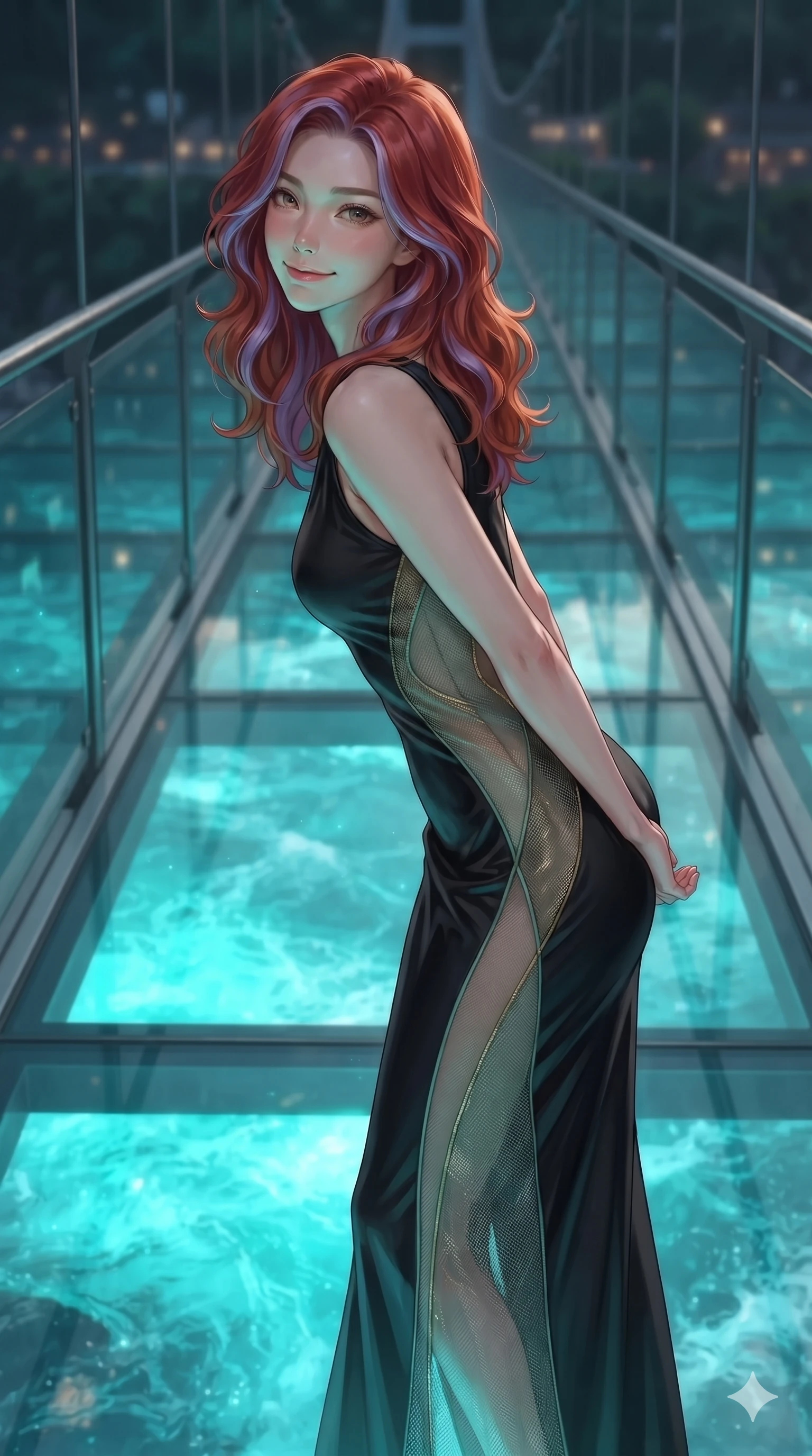 score_9, masterpiece, best quality, ultra-detailed, high-budget anime keyframe, editorial fashion photography, tasteful artistic composition, Caucasian woman. close-up cowboy shot from the waist and thighs up, the character dominates the composition, filling the frame with her large presence. leaning forward while arching her lower back to accentuate her curvy hips, looking into the camera with an intoxicating smoldering gaze and bedroom-eyes while walking slowly along the suspended glass-bottom bridge, looking back over her shoulder with an air of effortless grace and an alluring, smoldering smile as glowing turquoise water rushes below. The surrounding environment is rendered in vivid detail and crisp panoramic clarity: sharp glass floor structural joints, high-velocity water froth speculars, and stainless steel support cable bevels in deep focus. She has an exceptionally elegant, slender, and willowy female figure with an ultra-slim waist, flat toned midriff, narrow ribcage, and sculpted feminine hips creating an alluring, slim hourglass silhouette without bulk. sharp v-shaped jawline, high-bridge nose, intricate jewel-like sparkling eyes with depth, thick eyelashes, glossy parted lips with a natural sheen, intensely captivating and seductive bedroom-eyes expression, exuding both youthful cute charm and sovereign luxury allure, flawlessly proportioned anatomical accuracy, strict slender model proportions, natural body alignment, perfectly sculpted long slender limbs, ultra-slim waistline, clean dynamic posture without body distortion. wearing a second-skin black silk jersey maxi dress with asymmetrical sheer mesh side panels tracing the full curve of her hip in celadon jade and antique gold-leaf, woven from high-density tech-wool with subtle metallic thread weave, featuring an open-back criss-cross harness strap in dark leather, the bespoke structured tailoring following the natural line of her 8.5-heads silhouette with refined elegance. bathed in the vibrant underwater turquoise illumination filtering through the glass floor mixed with warm overhead starlight. ultra-reflective glossy finish, specular highlights, rich textural contrasts, high-contrast stereoscopic depth, volumetric dynamic lighting, 2k, ultra detail, master piece, 9:16 ratio