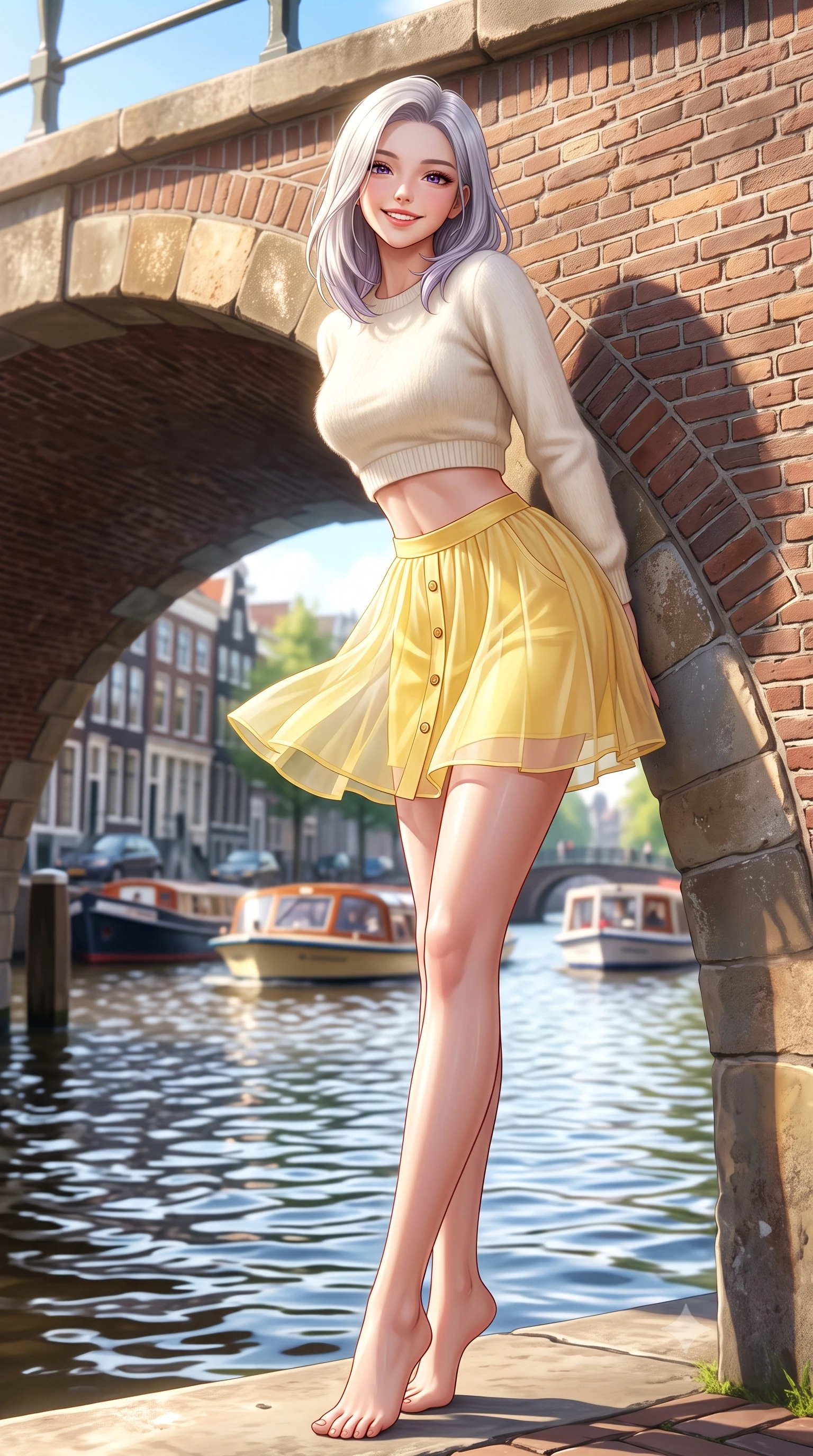 score_9, masterpiece, best quality, ultra-detailed, high-budget anime keyframe, semi-realistic 3D game render, editorial fashion photography, tasteful artistic composition, Caucasian woman. low angle full-body shot from head to toe showing her feet, filling the entire 9:16 vertical frame with her statuesque presence, stretching her vertical silhouette. leaning deep against the sunlit architecture with hips cocked back in a cute yet unapologetically alluring high-fashion stance, flashing a warm beaming smile while standing poised at the crest of the arched brick bridge, twisting her slender torso in an alluring S-curve in front of 17th-century canal houses. The composition keeps background elements in soft focus with dreamy creamy bokeh. rippling canal waters and passing tour boats softened in charming Dutch shallow focus. She has an exceptionally tall and slender model-like 8.5-heads proportion, an ultra-slim waist, a flat toned midriff, narrow delicate ribcage, and beautifully sculpted feminine hips creating a graceful, slim hourglass silhouette without any bulky heaviness, with impossibly long slender legs. sharp v-shaped jawline, high-bridge nose, intricate jewel-like sparkling eyes with depth, thick eyelashes, glossy parted lips with a natural peach sheen, bright cheerful beaming smile with an enchanting and coquettish sensual glint, exuding both youthful cute charm and seductive allure, flawlessly proportioned anatomical accuracy, strict slender model proportions, natural body alignment, perfectly sculpted long slender limbs, ultra-slim waistline, clean dynamic posture without body distortion. wearing a soft angora crop knit sweater with a sheer pleated organza mini skirt over an opaque silk slip in bright butter yellow and fresh cream white, tailored from fine lightweight chiffon that flutters gently in the breeze, finished with neat front wooden buttons and delicate pocket details, the liquid-tight tailored fabric clinging flawlessly to her narrow waist and rounded feminine hips, emphasizing every millimeter of her sculpted slim hourglass curves without any bulky heaviness. bathed in crisp, sparkling morning sunlight reflecting off calm canal waters. highly saturated vibrant anime colors, detailed shading with soft gradients, rich glossy textures, high-contrast stereoscopic depth, volumetric dynamic lighting, master piece, 9:16 ratio