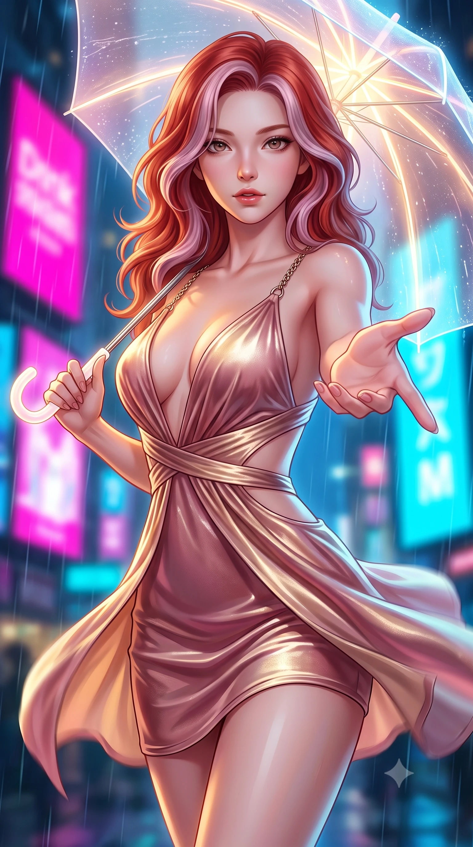 score_9, masterpiece, best quality, ultra-detailed, high-budget anime keyframe, editorial fashion photography, tasteful artistic composition, Caucasian woman. close-up cowboy shot from the waist and thighs up, the character dominates the composition, filling the frame with her large presence, background elements kept in soft focus. Reaching her hand gracefully toward the camera with magnetic allure, her torso turning in a dynamic S-curve alignment while holding a glowing translucent umbrella under vibrant magenta and cyan billboards, fluttering lightweight attire catching the high-altitude rainy wind. She has an exceptionally elegant, slender, and willowy female figure with an ultra-slim waist, a gracefully sculpted slender torso, and a refined silhouette. sharp v-shaped jawline, high-bridge nose, intricate jewel-like eyes with depth, thick eyelashes, glossy lips with a natural sheen, flawlessly proportioned anatomical accuracy, natural body alignment, perfectly sculpted elegant limbs, clean dynamic posture without body distortion. wearing a liquid mercury gloss mini dress with ultra-deep V-neck and waist cutouts in dusty rose and champagne gold, made of premium stretch velvet with a rich sheen, adorned with delicate metallic chain straps along the neckline, the elegant draped fit framing her graceful clavicle and slender torso. illuminated by warm indoor golden light and cool rainy blue neon rim light. highly saturated vibrant anime colors, detailed shading with soft gradients, rich glossy textures, high-contrast stereoscopic depth, volumetric dynamic lighting, master piece, 9:16 ratio