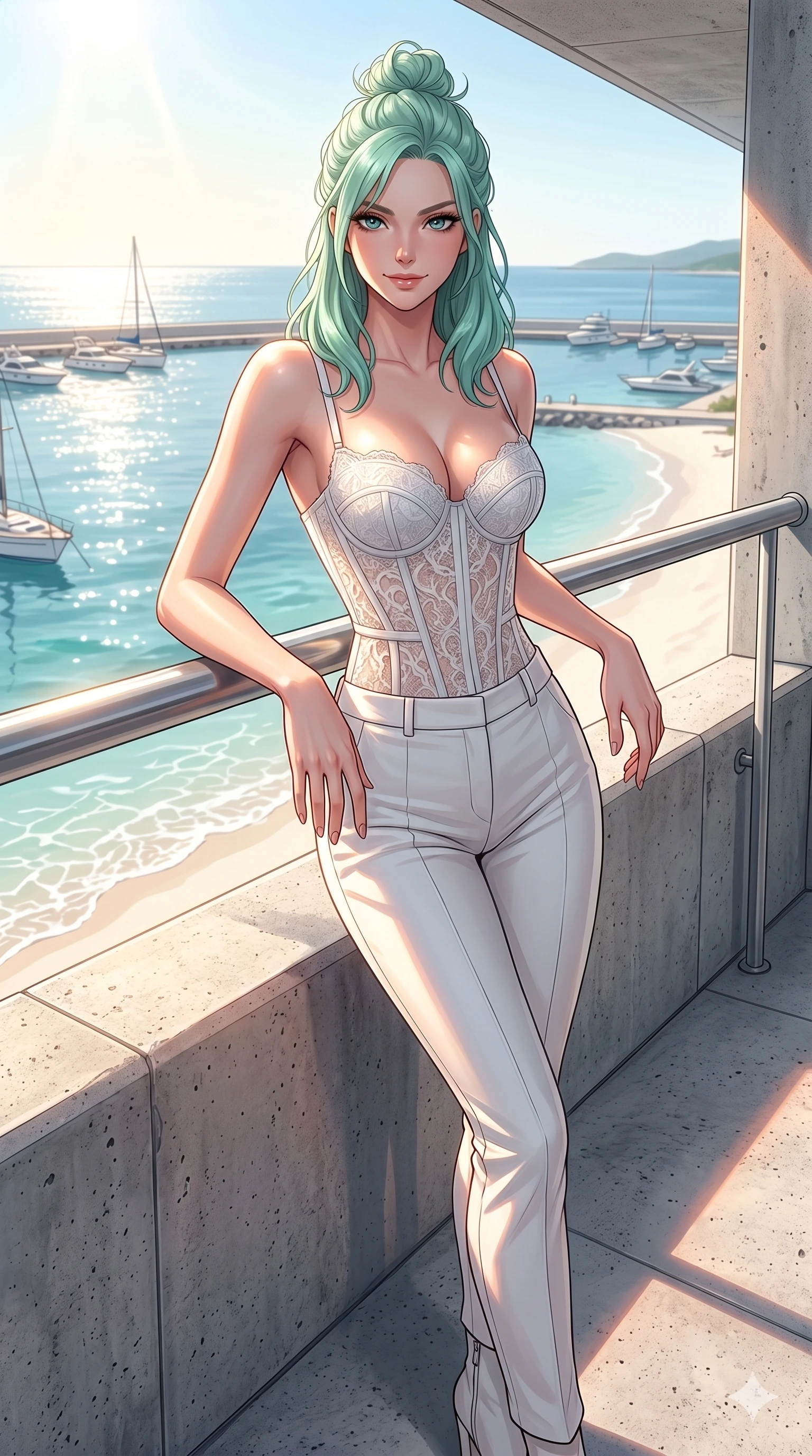 score_9, masterpiece, best quality, ultra-detailed, high-budget anime keyframe, editorial fashion photography, tasteful artistic composition, Japanese woman. cowboy shot from the thighs up, character and outfit filling the frame for maximum editorial presence. posing with quiet self-assurance, looking directly into the lens with a confident grin on a modern concrete balcony overlooking a sparkling beach harbor (Code-P19-185). She has an absolutely perfect 8-heads proportion, an exceptionally tall and slender female figure with impossibly long slender legs and an ultra-slim waist. V-shaped jawline, high-bridge nose, intricate jewel-like eyes with depth, thick eyelashes, glossy lips with a natural sheen. wearing a structured lace corset with sweetheart neckline showing her cleavage. drenched in brilliant morning sunshine, casting sunset patterns on her skin. 2k, ultra detail, master piece, 9:16 ratio