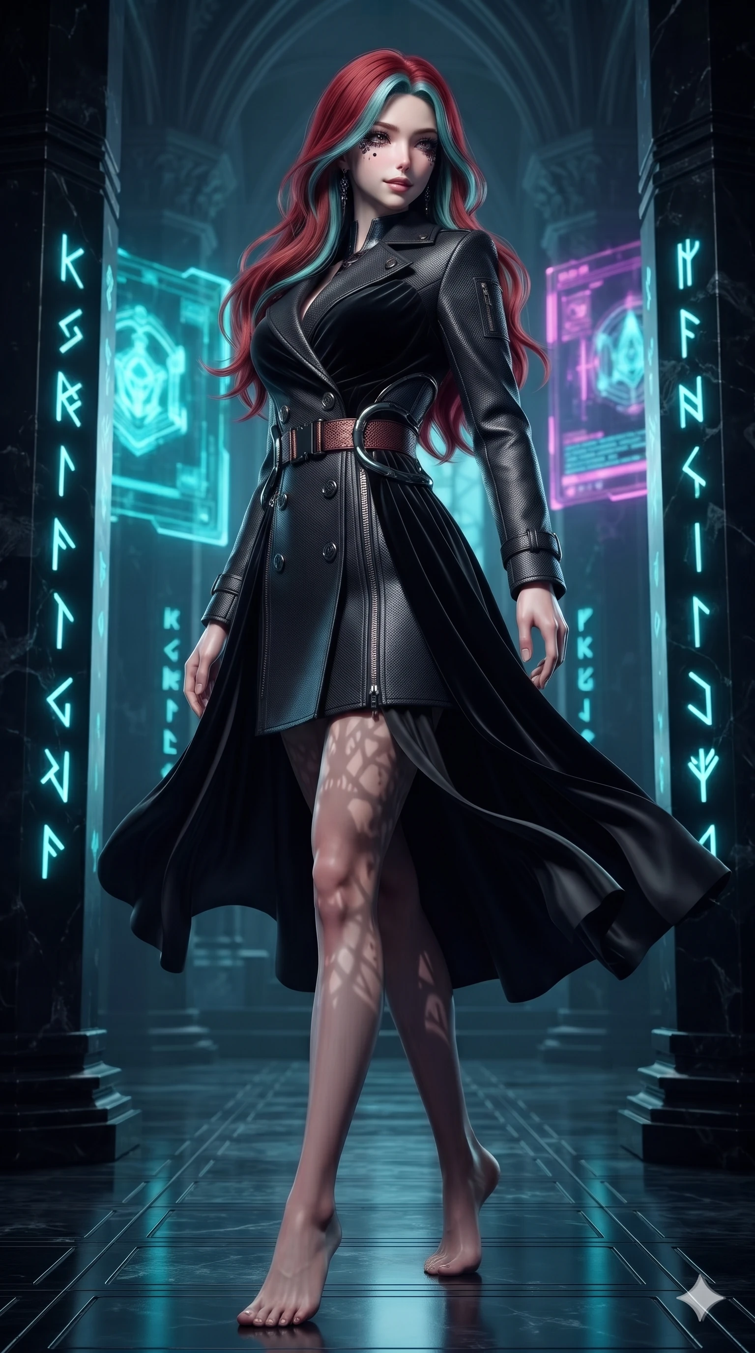 score_9, masterpiece, best quality, ultra-detailed, high-budget anime keyframe, editorial fashion photography, tasteful artistic composition, Caucasian woman. low angle full-body shot from head to toe showing her feet, filling the entire 9:16 vertical frame with her statuesque presence, stretching her vertical silhouette. executing a slow, elegant turn as her liquid gown flutters around her slender legs, glancing over her shoulder with an intoxicating bedroom-gaze while twisting her slender torso in an alluring S-curve between towering obsidian pillars, glowing cyan runes casting intricate shadow patterns on her skin. The surrounding environment is rendered in vivid detail and crisp panoramic clarity: detailed gothic velvet bodice gown drape, silver zipper teeth, and cybernetic rune details in razor-sharp precision. She has an absolutely perfect, statuesque 8.5-heads proportion, an exceptionally tall and slender model-like female figure with impossibly long slender legs, an ultra-slim waist, a flat toned midriff, narrow delicate ribcage, and beautifully sculpted feminine hips creating a graceful, slim hourglass silhouette without any bulky heaviness. sharp v-shaped jawline, high-bridge nose, intricate jewel-like dark sparkling eyes with hypnotic seductive depth, thick curled eyelashes, glossy parted lips with a natural wine sheen, alluring bedroom-eyes with an enigmatic smoldering smile, exuding magnetic sovereign charisma and dark avant-garde glamour, flawlessly proportioned anatomical accuracy, strict slender model proportions, natural body alignment, perfectly sculpted long slender limbs, ultra-slim waistline, clean dynamic posture without body distortion. wearing a structured double-breasted midnight trench coat dress with dark titanium buckle belt in dark burnt copper and matte black, woven from matte carbon-fiber weave with high-tech structural hold, accented with sculpted obsidian chrome rings at the waist, the bespoke structured tailoring following the natural line of her 8.5-heads silhouette with refined elegance. illuminated by intense radiant neon cyan and ultraviolet holographic projections contrasting with pitch-black stone. ultra-reflective glossy finish, specular highlights, metallic sheen, high-contrast stereoscopic depth, volumetric dynamic lighting, 2k, ultra detail, master piece, 9:16 ratio