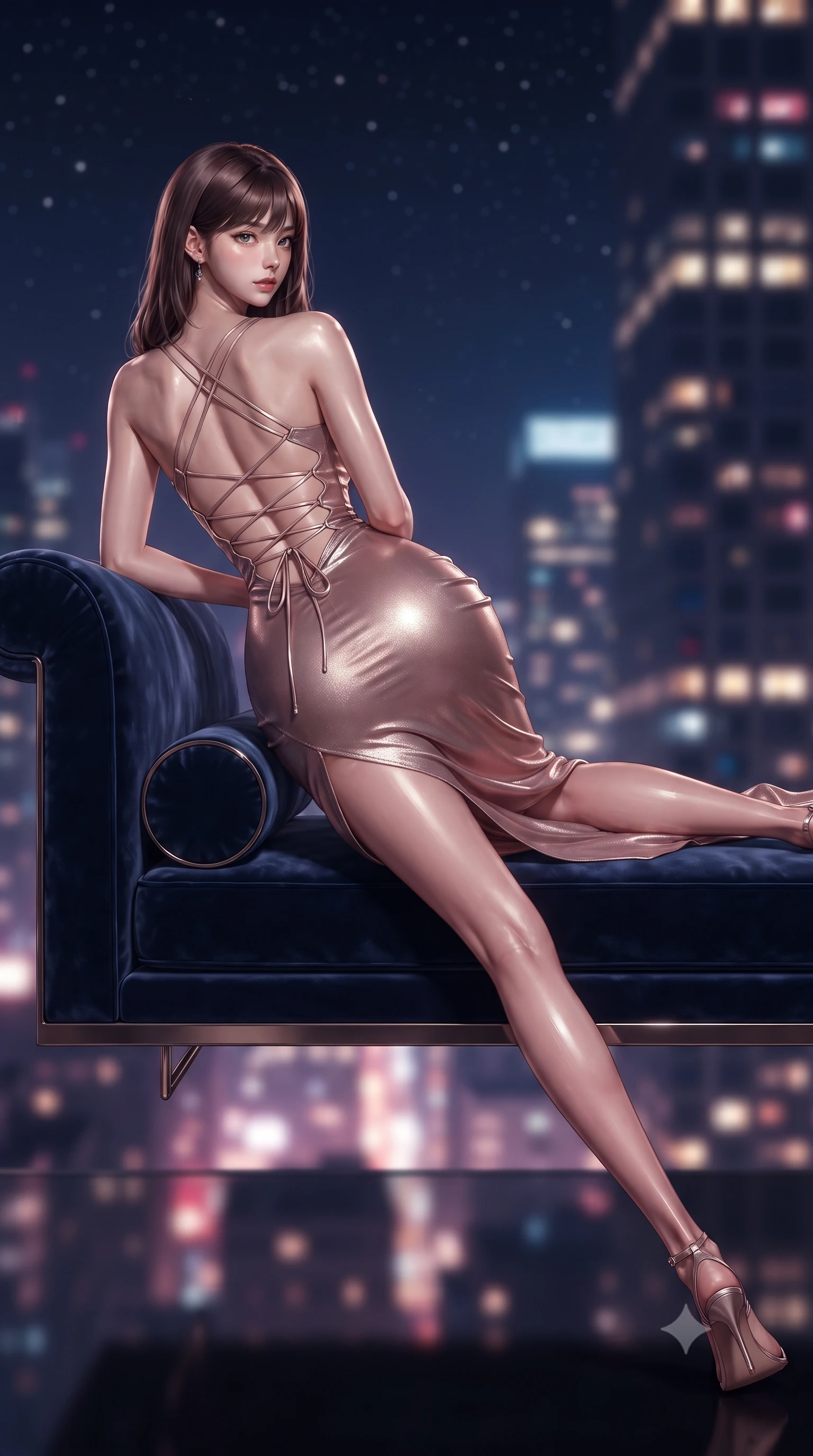 score_9, masterpiece, best quality, ultra-detailed, high-budget anime keyframe, editorial fashion photography, tasteful artistic composition, Korean woman. low angle full-body shot from head to toe showing her feet, filling the entire 9:16 vertical frame with her statuesque presence, stretching her vertical silhouette. striding forward in a proud supermodel runway stride, hips swaying in an alluring kinetic rhythm that accentuates her curvy hourglass silhouette while reclining on her side across a floating velvet infinity daybed, one leg extended and torso propped on one elbow to accentuate the sweeping line of her curvy hips. The composition keeps background elements in soft focus with creamy bokeh. sprawling metropolis skyscraper light grids and starry midnight skies blurred into deep sapphire, magenta, and champagne-gold bokeh. She has an absolutely perfect, statuesque 8.5-heads proportion, an exceptionally tall and slender model-like female figure with impossibly long slender legs, a toned flat midriff, an ultra-slim waist, and beautifully sculpted feminine hips. sharp v-shaped jawline, high-bridge nose, intricate jewel-like eyes with depth, thick eyelashes, glossy parted lips with a natural sheen, intensely captivating and seductive bedroom-eyes expression, flawlessly proportioned anatomical accuracy, strict slender model proportions, natural body alignment, perfectly sculpted long slender limbs, ultra-slim waistline, clean dynamic posture without body distortion. wearing a liquid silk jersey evening gown with an ultra-deep plunging open back descending to the base of her spine and a sculpted hip-hugging skirt in dusky blush rose and champagne shimmer, crafted from luxurious metallic lamé that shifts radiance with every step, featuring an open-back criss-cross satin lacing highlighting her graceful shoulder blades, the form-contouring material adhering flawlessly to her sculpted flat midriff and slender torso, emphasizing her long leg lines and perfectly proportioned willowy build. surrounded by a cosmopolitan, elite, and intensely magnetic modern royalty aura. ultra-reflective glossy finish, specular highlights, rich textural contrasts, high-contrast stereoscopic depth, volumetric dynamic lighting, 2k, ultra detail, master piece, 9:16 ratio