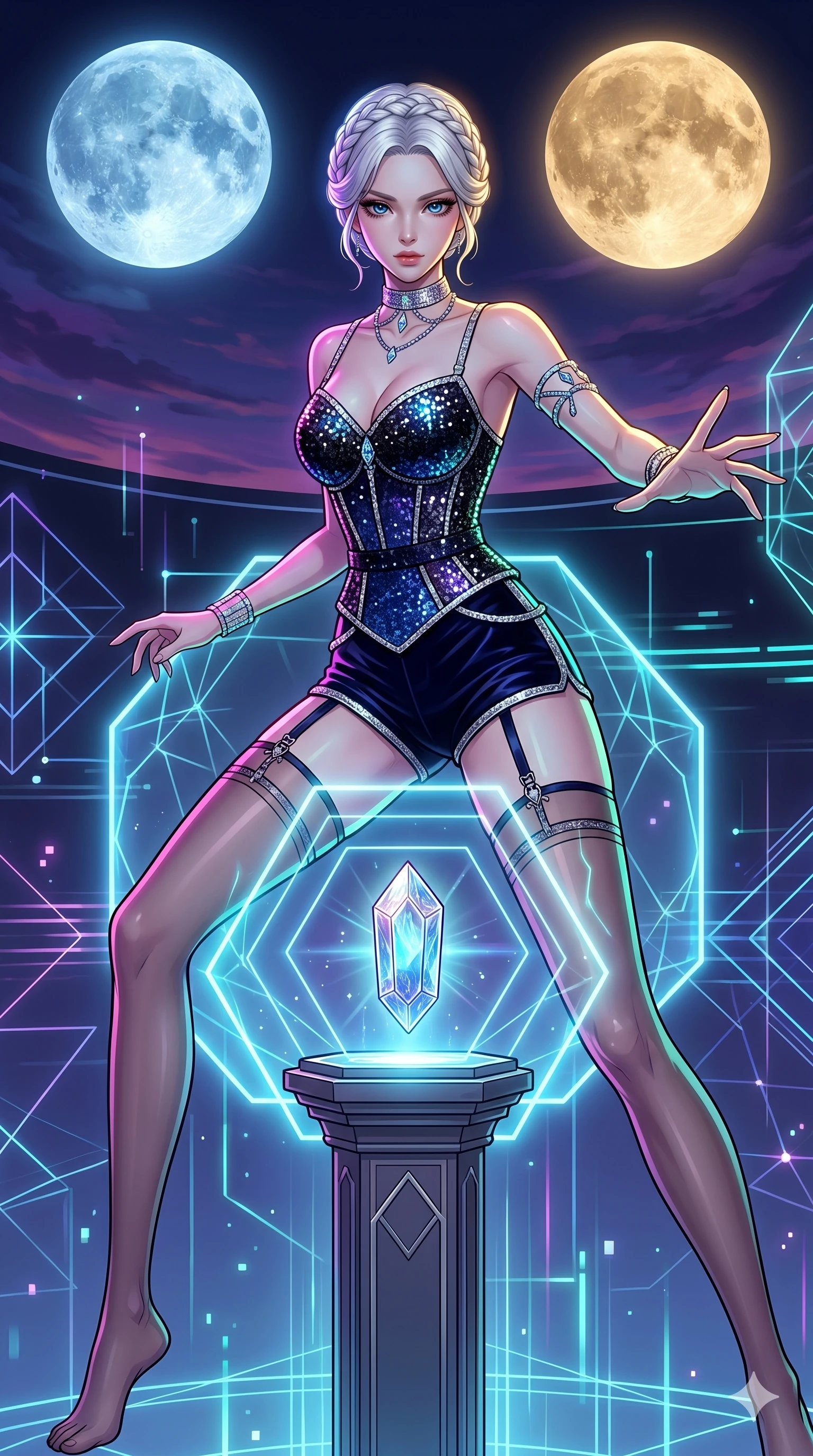 score_9, masterpiece, best quality, ultra-detailed, high-budget anime movie keyframe, cinematic anime lighting, intricate line art, Korean anime girl. Low angle cowboy shot filling the entire 9:16 frame with her statuesque presence. defending a sacred relic in a minimalist digital void under a twin-moon sky. She has an absolutely perfect 8-heads proportion, an exceptionally tall and slender female figure with an ultra-slim waist and impossibly long slender legs. sharp v-shaped jawline, high-bridge nose, intricate jewel-like eyes, thick eyelashes, glossy lips. Wearing luxurious K-pop idol stage outfit featuring a sparkling sequined corset, high-cut velvet shorts, and sheer silk stockings with garter belts, accessorized with crystal chokers. The scene is illuminated by dramatic atmospheric lighting and vibrant color palettes. 2k, ultra detail, master piece, 9:16 ratio