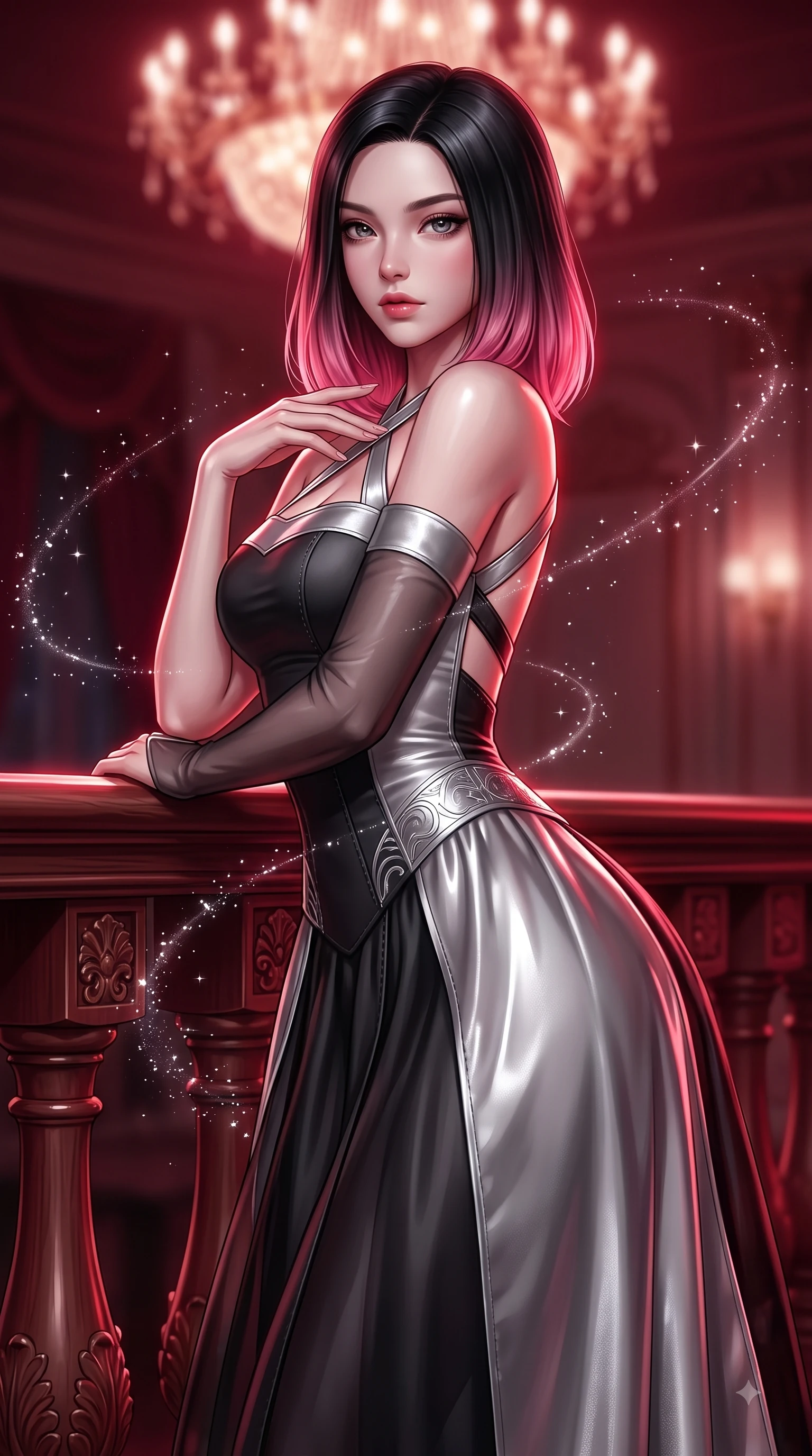 score_9, masterpiece, best quality, ultra-detailed, high-budget anime keyframe, editorial fashion photography, tasteful artistic composition, Korean woman. close-up cowboy shot from the waist and thighs up, the character dominates the composition, filling the frame with her large presence, background elements kept in soft focus. Pivoting her torso in an alluring S-curve alignment, one hand gently tracing her collarbone with poise while leaning gracefully against a carved mahogany balustrade under a majestic chandelier glow, floating starlight dust drifting around her in dynamic orbital paths. She has an exceptionally elegant, slender, and willowy female figure with an ultra-slim waist, a gracefully sculpted slender torso, and a refined silhouette. sharp v-shaped jawline, high-bridge nose, intricate jewel-like eyes with depth, thick eyelashes, glossy lips with a natural sheen, flawlessly proportioned anatomical accuracy, natural body alignment, perfectly sculpted elegant limbs, clean dynamic posture without body distortion. wearing a modern fusion silk hanbok dress with a structured bodice and flowing skirt in matte black and polished silver, woven from fine semi-opaque sheer organza, complemented by criss-cross back straps highlighting her bare shoulders, the glove-like fit emphasizing her statuesque silhouette during motion. bathed in deep crimson theatrical lighting with sharp specular highlights on every curve. ultra-reflective glossy finish, specular highlights, metallic sheen, high-contrast stereoscopic depth, volumetric dynamic lighting, 2k, ultra detail, master piece, 9:16 ratio
