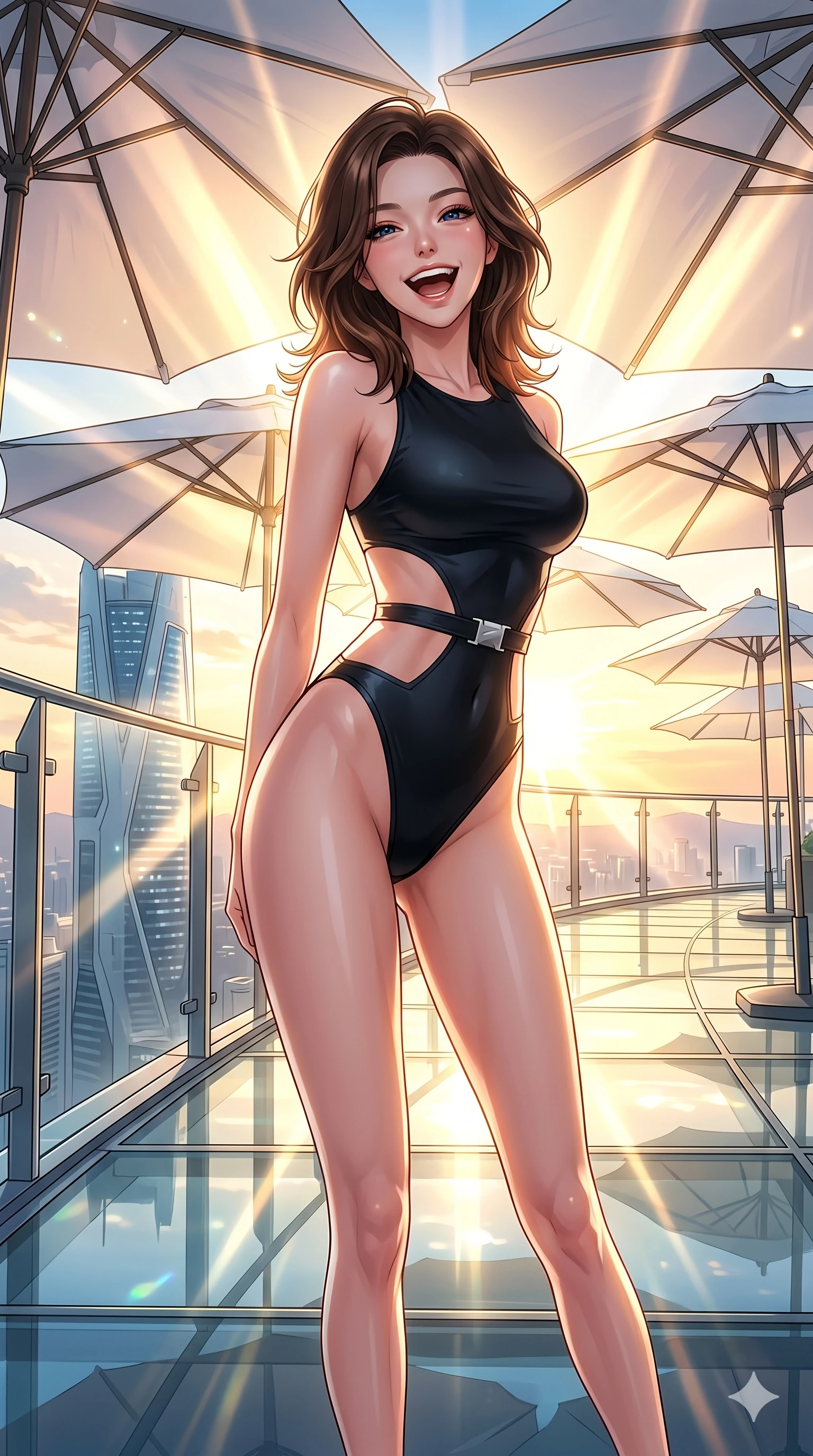 score_9, masterpiece, best quality, ultra-detailed, high-budget anime keyframe, vibrant anime aesthetic, Korean woman. cowboy shot from the thighs up, character and outfit filling the frame for maximum presence. She is leaning back with a cheerful laugh, looking directly into the camera lens standing on a glass observation deck at dawn (Code-P20-099). She has an absolutely perfect 8-heads proportion, an exceptionally tall and slender female figure with impossibly long slender legs and an ultra-slim waist. V-shaped jawline, high-bridge nose, intricate jewel-like eyes with depth, thick eyelashes, glossy lips with a natural sheen. wearing a sleek swimsuit with high-cut leg lines and exposed waist. She is surrounded by bright sunbeams reflecting off white umbrellas, creating a luminous glow. 2k, ultra detail, master piece, 9:16 ratio