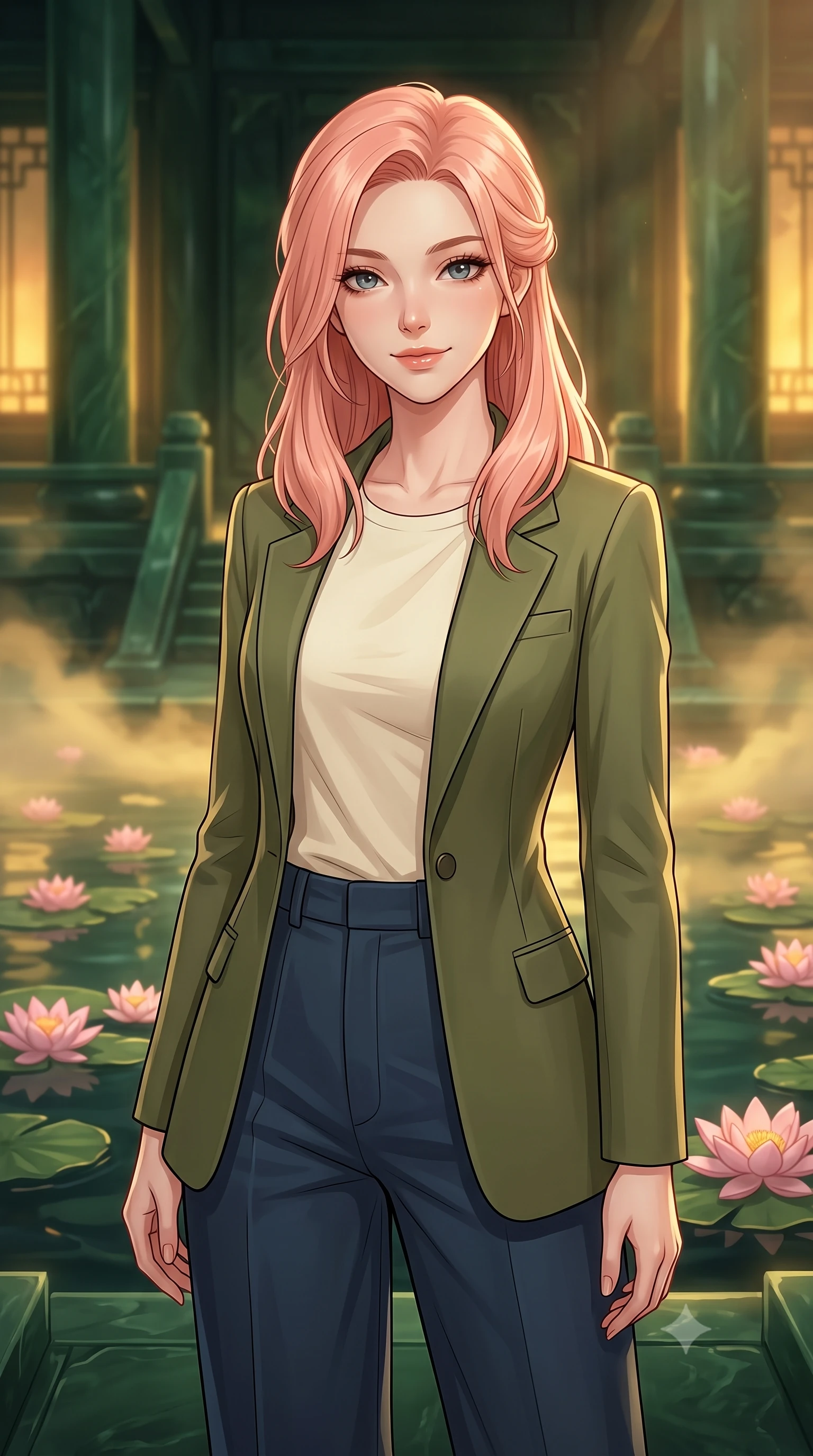 score_9, masterpiece, best quality, ultra-detailed, high-budget anime keyframe, editorial fashion photography, tasteful artistic composition, Japanese woman. close-up cowboy shot from the waist and thighs up, the character dominates the composition, filling the frame with her large presence, background elements kept in soft focus. Gently tilting her head with a serene, peaceful smile of quiet happiness. set against a soft-focus background of in a mythical courtyard built of dark green jade stone, with floating pink lotus blossoms in ornamental ponds and golden fog drifting above the water. She has an exceptionally elegant, slender, and willowy female figure with a highly-defined ultra-slim waist, a gracefully sculpted slender torso, and a refined slim-fit silhouette that contours her form. sharp v-shaped jawline, high-bridge nose, intricate jewel-like eyes with depth, thick eyelashes, glossy lips with a natural sheen. wearing a sleek tailored olive green blazer over a cream cotton tee and dark blue wide-leg trousers. warm golden inner glow from the jade structures, combined with soft amber light filtering through the celestial mist. 2k, ultra detail, master piece, 9:16 ratio