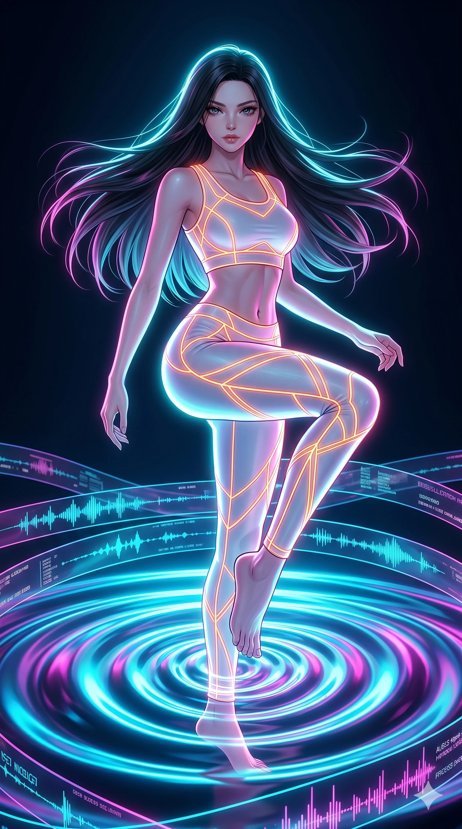 score_9, masterpiece, best quality, ultra-detailed, high-budget anime keyframe, Japanese woman. upper body close-up from the thighs up, character filling the screen for maximum presence. stepping on holographic fluid ribbons of sound that ripple with cyan and magenta light in a dark virtual void. She has an absolutely perfect 8-heads proportion, an exceptionally tall and slender female figure with impossibly long slender legs and an ultra-slim waist. V-shaped jawline, high-bridge nose, intricate jewel-like eyes with depth, thick eyelashes, glossy lips with a natural sheen.. wearing a neon filament athleisure set, featuring a tight white crop top and matching leggings woven with glowing orange neon filaments, highlighting her slender body contour. bathed in brilliant cinematic volumetric lighting and intense neon rim light highlighting her slender form. 2k, ultra detail, master piece, 9:16 ratio