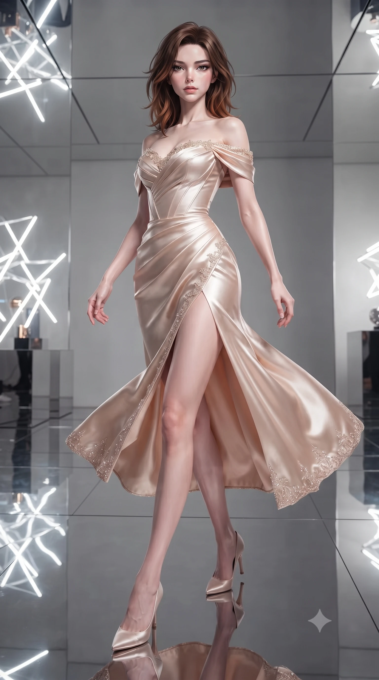 score_9, masterpiece, best quality, ultra-detailed, high-budget anime keyframe, editorial fashion photography, tasteful artistic composition, Korean woman. low angle full-body shot from head to toe showing her feet, filling the entire 9:16 vertical frame with her statuesque presence, stretching her vertical silhouette. executing an elegant mid-motion spin with effortless grace, her garments fluttering softly around her ultra-slim waistline while pivoting gracefully on a mirrored floor as infinite reflections of light and color surround her slender frame. The surrounding environment is rendered in vivid detail and crisp panoramic clarity. ultra-modern minimalist gallery chiaroscuro and precision-engineered light art aesthetics in sharp focus. She has an absolutely perfect, statuesque 8.5-heads proportion, an exceptionally tall and slender model-like female figure with impossibly long slender legs, a toned flat midriff, and an ultra-slim waist. sharp v-shaped jawline, high-bridge nose, intricate jewel-like eyes with depth, thick eyelashes, glossy lips with a natural sheen, captivating and magnetic expression, flawlessly proportioned anatomical accuracy, strict slender model proportions, natural body alignment, perfectly sculpted long slender limbs, ultra-slim waistline, clean dynamic posture without body distortion. wearing a statuesque off-shoulder champagne satin gala dress featuring a thigh-high side slit and draped corset bodice in champagne ivory and rose gold, tailored from ultra-smooth duchess satin with a pearlescent sheen, finished with delicate crystal embroidery along the neckline and hem edition #14, the sleek tailored cut tightly hugging her graceful clavicle, narrow waist, and feminine curves with statuesque precision. surrounded by a cutting-edge, avant-garde, and mesmerizingly stylish future-fashion muse aura. ultra-reflective glossy finish, specular highlights, rich textural contrasts, high-contrast stereoscopic depth, volumetric dynamic lighting, 2k, ultra detail, master piece, 9:16 ratio