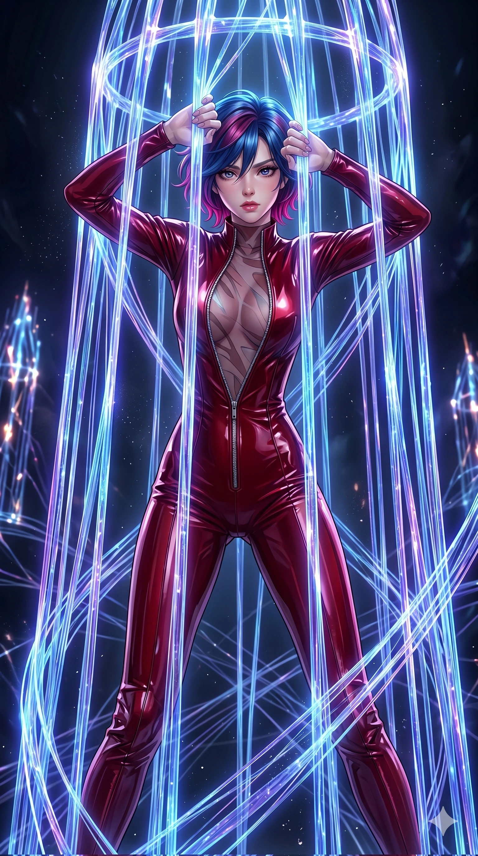 score_9, masterpiece, best quality, ultra-detailed, High-budget Anime Keyframe, East Asian woman. Dynamic full-body shot stretching the vertical silhouette to the limit. Scenario 222: Trapped in a cage of glowing crystalline fibers, body pressing against the bars. Her presence is magnetic and overpowering in this high-budget anime scene. Outfit 222: A patent leather second with a unzipped detail and translucent layers. The clothing is designed to emphasize her exceptionally tall and slender 8-heads proportion. 8-heads proportion, towering silhouette, ultra-slim waist. sharp v-shaped jawline, intricate jewel-like eyes with depth, thick eyelashes, glossy lips. 2k, ultra detail, master piece, 9:16 ratio