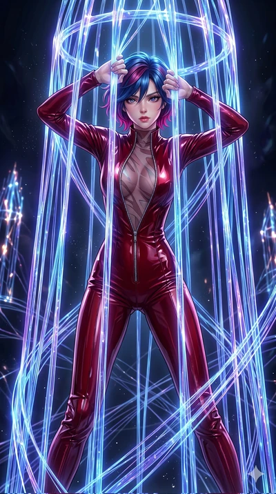 score_9, masterpiece, best quality, ultra-detailed, High-budget Anime Keyframe, East Asian woman. Dynamic full-body shot stretching the vertical silhouette to the limit. Scenario 222: Trapped in a cage of glowing crystalline fibers, body pressing aga