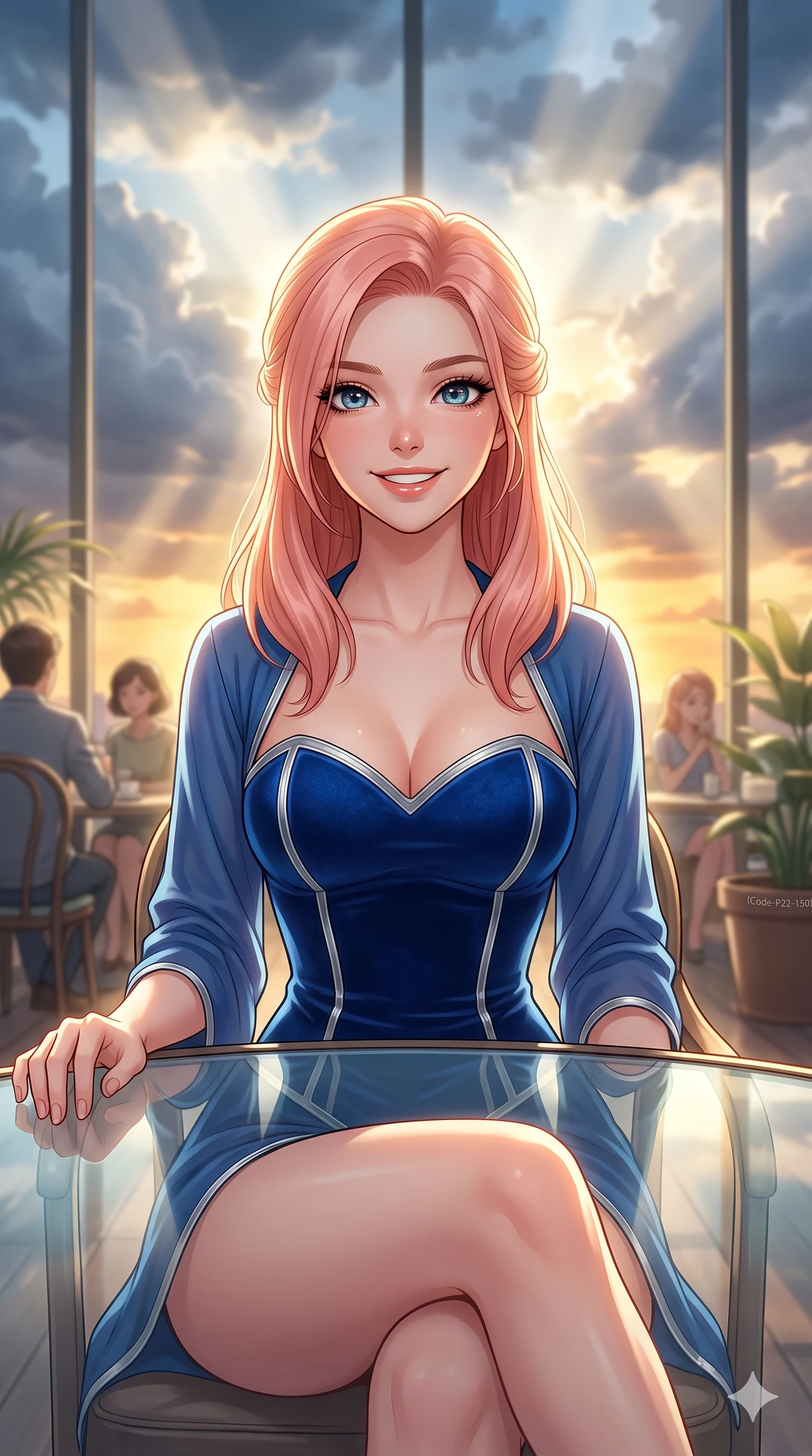 score_9, masterpiece, best quality, ultra-detailed, high-budget anime keyframe, vibrant anime aesthetic, Japanese woman. close-up cowboy shot from the waist and thighs up, the character dominates the composition, filling the frame with her large presence, background elements kept in soft focus. She is sitting by a glass greenhouse table, smiling warmly at the camera, her eyes shining with genuine joy with a lively, expressive stance. the background shows a soft-focus luxury penthouse conservatory with a panoramic glass wall showing rain clouds parting for a golden sunset (Code-P22-150). She has an absolutely perfect proportion, an exceptionally elegant and slender female figure with an ultra-slim waist. V-shaped jawline, high-bridge nose, intricate jewel-like eyes with depth, thick eyelashes, glossy lips with a natural sheen. wearing a structured velvet bodice with a sweetheart neckline combined with a delicate wrap in sapphire blue and silver trim. She is bathed in brilliant midday sunbeams breaking through storm clouds, creating a glowing aura, creating a cinematic, high-budget anime lighting effect inside the retro conservatory cafe. 2k, ultra detail, master piece, 9:16 ratio
