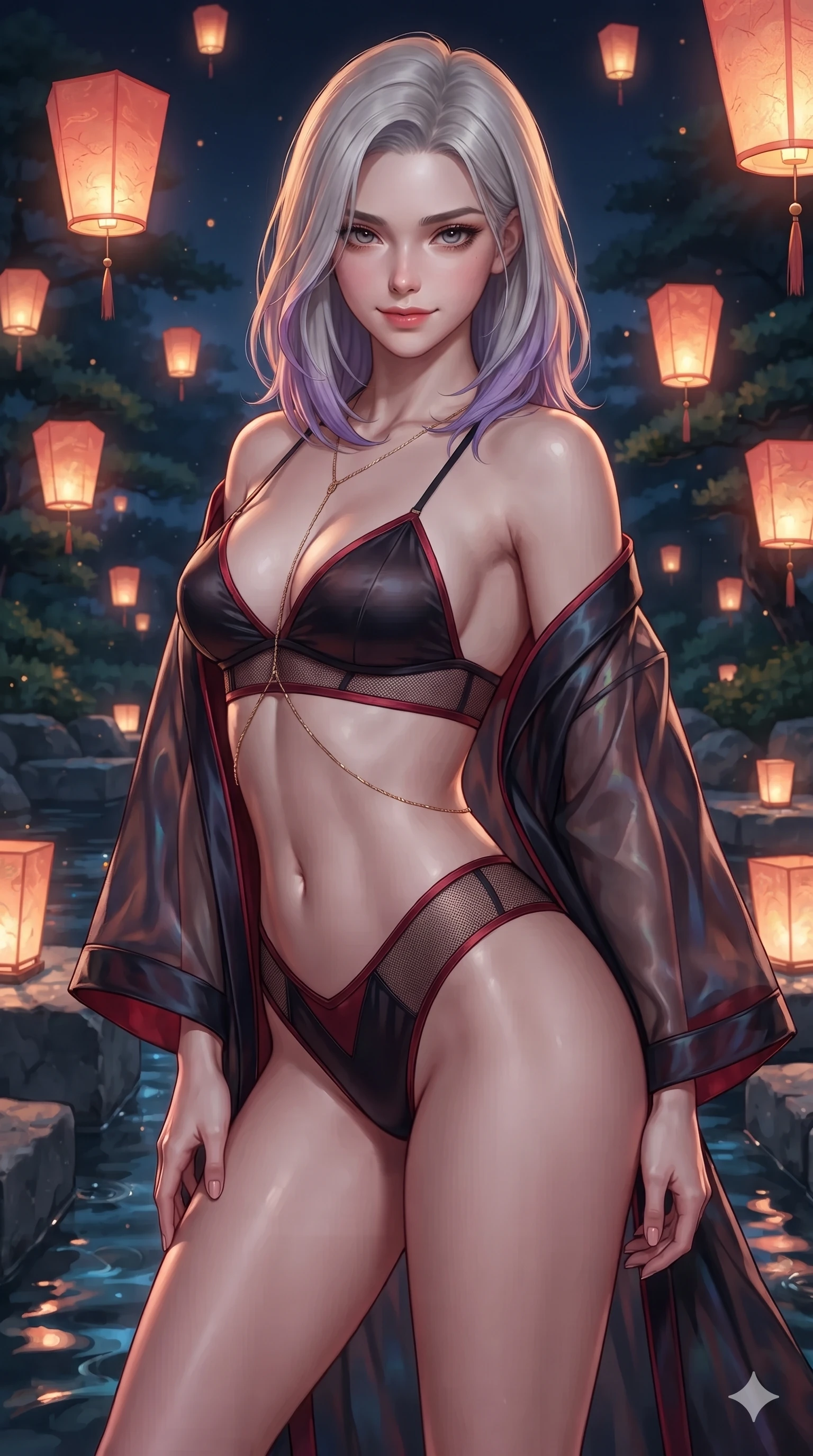 score_9, masterpiece, best quality, ultra-detailed, high-budget anime keyframe, editorial fashion photography, tasteful artistic composition, Caucasian woman. close-up cowboy shot from the waist and thighs up, the character dominates the composition, filling the frame with her large presence. smiling with quiet, magnetic self-assurance directly into the camera, her sculpted waistline catching specular moonbeam highlights while twisting her slender torso in an alluring contrapposto stance, floating paper lanterns casting warm coral and gold highlights across her curves. The surrounding environment is rendered in vivid detail and crisp panoramic clarity: sharp chiseled granite stone block textures, crystal clear running water ripples, and paper lantern flame clarity in deep focus. She has an exceptionally elegant, slender, and willowy female figure with an ultra-slim waist, flat toned midriff, narrow ribcage, and sculpted feminine hips creating an alluring, slim hourglass silhouette without bulk. sharp v-shaped jawline, high-bridge nose, sparkling eyes with hypnotic seductive depth, thick curled eyelashes, glossy parted lips with a natural dewy peach sheen, alluring bedroom-eyes with an enchanting coquettish smile, exuding magnetic siren charisma and sophisticated glamour, flawlessly proportioned anatomical accuracy, strict slender model proportions, natural body alignment, perfectly sculpted long slender limbs, ultra-slim waistline, clean dynamic posture without body distortion. wearing a translucent iridescent organza durumagi robe slipping off bare shoulders over a matching satin micro-bralette and wrap briefs in midnight obsidian black and rich cinnabar red, featuring strategic sheer-illusion micro-mesh cutouts along her ribcage and hip flanks, accented with a gold body chain harness subtly framing her dewy collarbones and spine, the form-contouring silhouette accentuating her sculpted flat midriff, narrow delicate ribcage, and gracefully curvy hips with intoxicating allure. illuminated by stream water bounce and sharp golden-amber rim lights sculpting her razor-sharp jawline, narrow waist, and curvy hips. ultra-reflective glossy finish, specular highlights, rich textural contrasts, high-contrast stereoscopic depth, volumetric dynamic lighting, 2k, ultra detail, master piece, 9:16 ratio