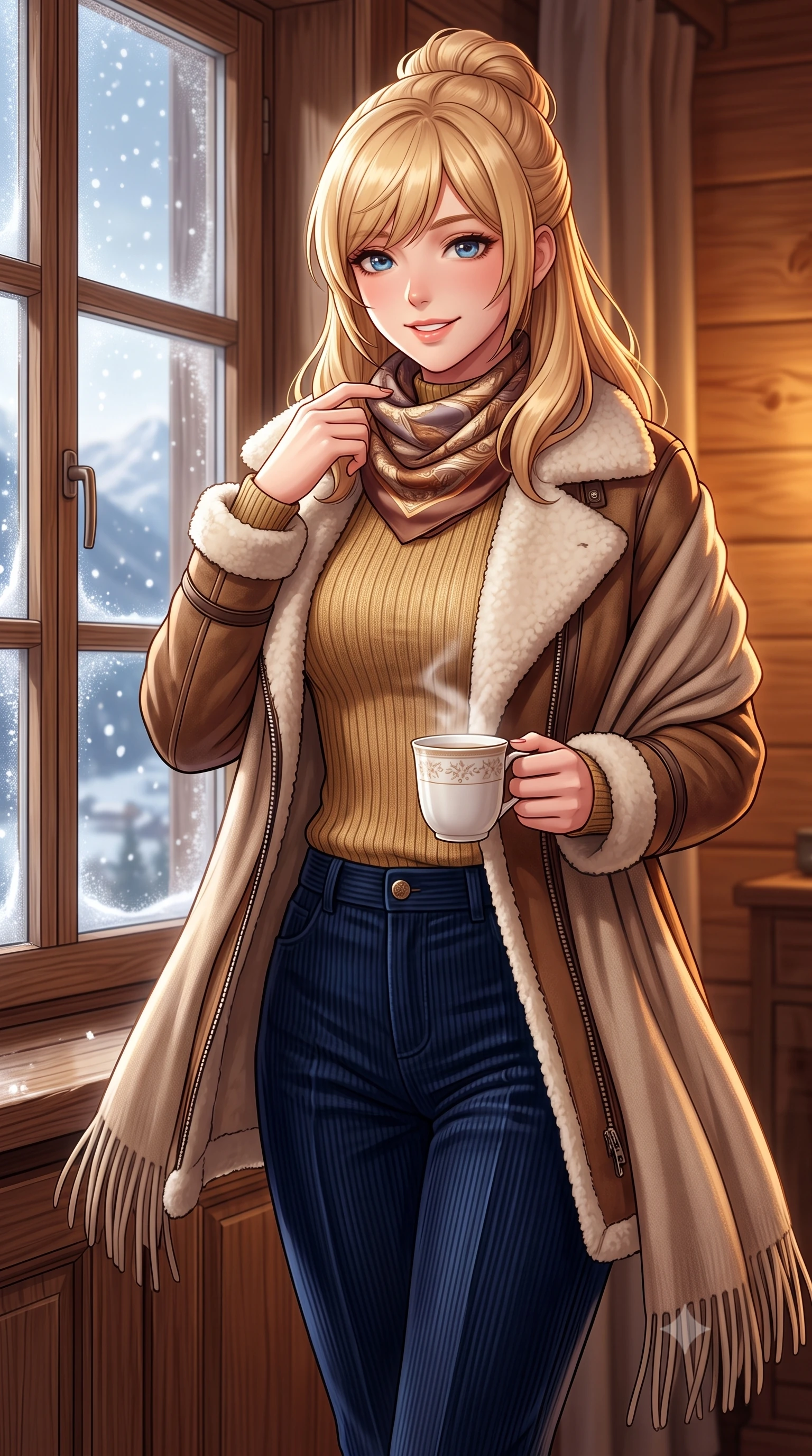 score_9, masterpiece, best quality, ultra-detailed, high-budget anime keyframe, semi-realistic 3D game render, editorial fashion photography, tasteful artistic composition, Caucasian woman. close-up cowboy shot from the waist and thighs up, the character dominates the composition, filling the frame with her large presence. touching her silk scarf with delicate fingertips while casting an affectionate, warm glance toward the lens while walking toward the frosted timber window with a steaming porcelain mug, looking out at the falling snowflakes with wonder. The surrounding environment is rendered in vivid detail and crisp panoramic clarity: detailed roll-neck cashmere sweater weave, tailored corduroy trouser ribs, and master alpine joinery in high resolution. She has an exceptionally elegant, slender, and willowy female figure with an ultra-slim waist, flat toned midriff, narrow ribcage, and sculpted feminine hips creating an alluring, slim hourglass silhouette without bulk. sharp v-shaped jawline, high-bridge nose, intricate jewel-like sparkling eyes with depth, thick eyelashes, glossy parted lips with a natural peach sheen, bright cheerful beaming smile with an enchanting and coquettish sensual glint, exuding both youthful cute charm and seductive allure, flawlessly proportioned anatomical accuracy, strict slender model proportions, natural body alignment, perfectly sculpted long slender limbs, ultra-slim waistline, clean dynamic posture without body distortion. wearing a plush shearling-trimmed suede aviator coat layered over a cozy ribbed merino knit sweater and tailored corduroy pants in Ginza vintage brass gold and midnight navy, crafted from rich cotton velvet with deep light-absorbing pile and soft gradients, accented with a wide brushed cashmere fringe scarf draped elegantly over one shoulder, the sharp shoulder tailoring and gently nipped waist framing her slender torso with pristine sartorial perfection. illuminated by honey pine wall reflection bounce and warm buttery rim lights sculpting her features and slender hourglass curves. highly saturated vibrant anime colors, detailed shading with soft gradients, rich glossy textures, high-contrast stereoscopic depth, volumetric dynamic lighting, master piece, 9:16 ratio