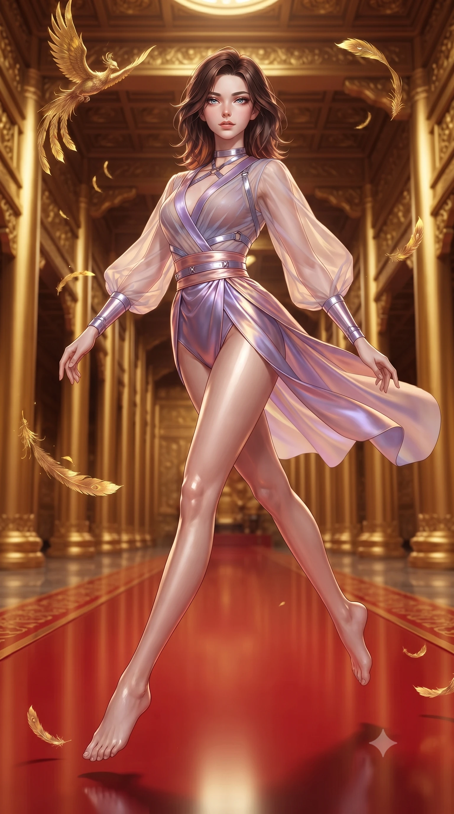 score_9, masterpiece, best quality, ultra-detailed, high-budget anime keyframe, editorial fashion photography, tasteful artistic composition, Korean woman. low angle full-body shot from head to toe showing her feet, filling the entire 9:16 vertical frame with her statuesque presence, stretching her vertical silhouette. leaping through mid-air with an athletic yet alluring arch of her spine, her impossibly long slender legs stretched in flawless poise while striding with imperial majesty down a red lacquer runway inside a soaring golden palace as golden phoenix feathers float around her. The surrounding environment is rendered in vivid detail and crisp panoramic clarity. vibrant contrast between imperial scarlet, pure gold leaf, and deep shadows in panoramic precision. She has an absolutely perfect, statuesque 8.5-heads proportion, an exceptionally tall and slender model-like female figure with impossibly long slender legs, a toned flat midriff, and an ultra-slim waist. sharp v-shaped jawline, high-bridge nose, intricate jewel-like eyes with depth, thick eyelashes, glossy lips with a natural sheen, flawlessly proportioned anatomical accuracy, strict slender model proportions, natural body alignment, perfectly sculpted long slender limbs, ultra-slim waistline, clean dynamic posture without body distortion. wearing a shortened cyber-fusion wrap top with transparent chiffon panels, a deep crossover neckline, and a high-waisted metallic sash that accentuates her ultra-slim waist in luminous lavender violet and rose gold, made of smooth iridescent silk chiffon that shifts colors with movement, reinforced by a sleek metallic chrome harness and delicate glowing micro-straps, the sleek second-skin cut tightly hugging her graceful clavicle, narrow waist, and feminine curves with athletic precision. illuminated by crisp gold rim highlights sharply defining her ultra-slim waist and long legs. ultra-reflective glossy finish, specular highlights, metallic sheen, high-contrast stereoscopic depth, volumetric dynamic lighting, 2k, ultra detail, master piece, 9:16 ratio