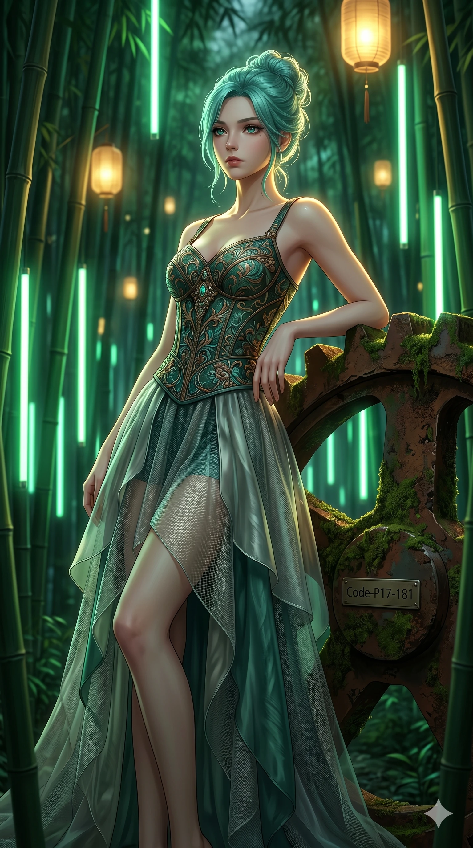 score_9, masterpiece, best quality, ultra-detailed, high-budget anime keyframe, editorial fashion photography, tasteful artistic composition, Japanese woman. cowboy shot from the thighs up, character and outfit filling the frame for maximum editorial presence. leaning against a giant gear wheel, looking past the camera with quiet, thoughtful intensity inside a bamboo forest with green light rods (Code-P17-181). She has an absolutely perfect 8-heads proportion, an exceptionally tall and slender female figure with impossibly long slender legs and an ultra-slim waist. V-shaped jawline, high-bridge nose, intricate jewel-like eyes with depth, thick eyelashes, glossy lips with a natural sheen. wearing a fine patterned embroidery structured bodice top paired with translucent skirt. warm golden light from the floating lanterns, tracing the elegant curves of her neck. 2k, ultra detail, master piece, 9:16 ratio