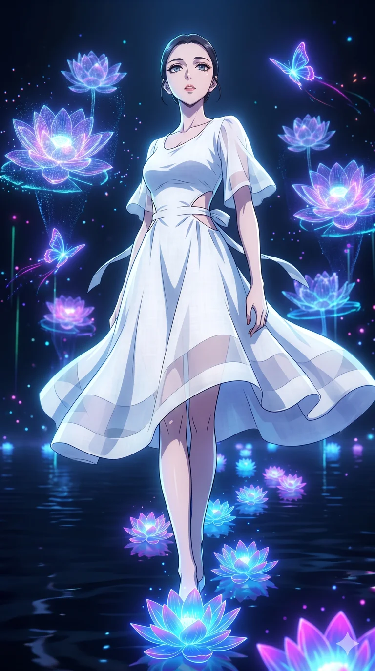 score_9, masterpiece, best quality, ultra-detailed, High-budget Anime Keyframe, vibrant colors, fluid line-art, expressive lighting, cinematic composition, Ufotable-style visual effects, top-tier animation quality, Japanese woman with delicate and elegant anime-inspired features. Low angle cowboy shot filling the entire 9:16 frame with her statuesque presence, looking up to emphasize her height. Creating a path of glowing lotus flowers with every step across a dark lake. She has an absolutely perfect 8-heads proportion, an exceptionally tall and slender female figure with impossibly long slender legs and an ultra-slim waist, her statuesque height and towering silhouette dominating the vertical 9:16 frame. Her face is a masterpiece featuring a sharp v-shaped jawline, high-bridge nose, intricate jewel-like eyes with depth, thick eyelashes, and glossy lips with a natural sheen. She is wearing a Flowy white linen sundress with a tie-back detail, asymmetrical cutouts on the waist, and sheer transparency.. The scene is set in a digital garden filled with holographic lotus flowers and neon butterflies. 2k, ultra detail, master piece, 9:16 ratio