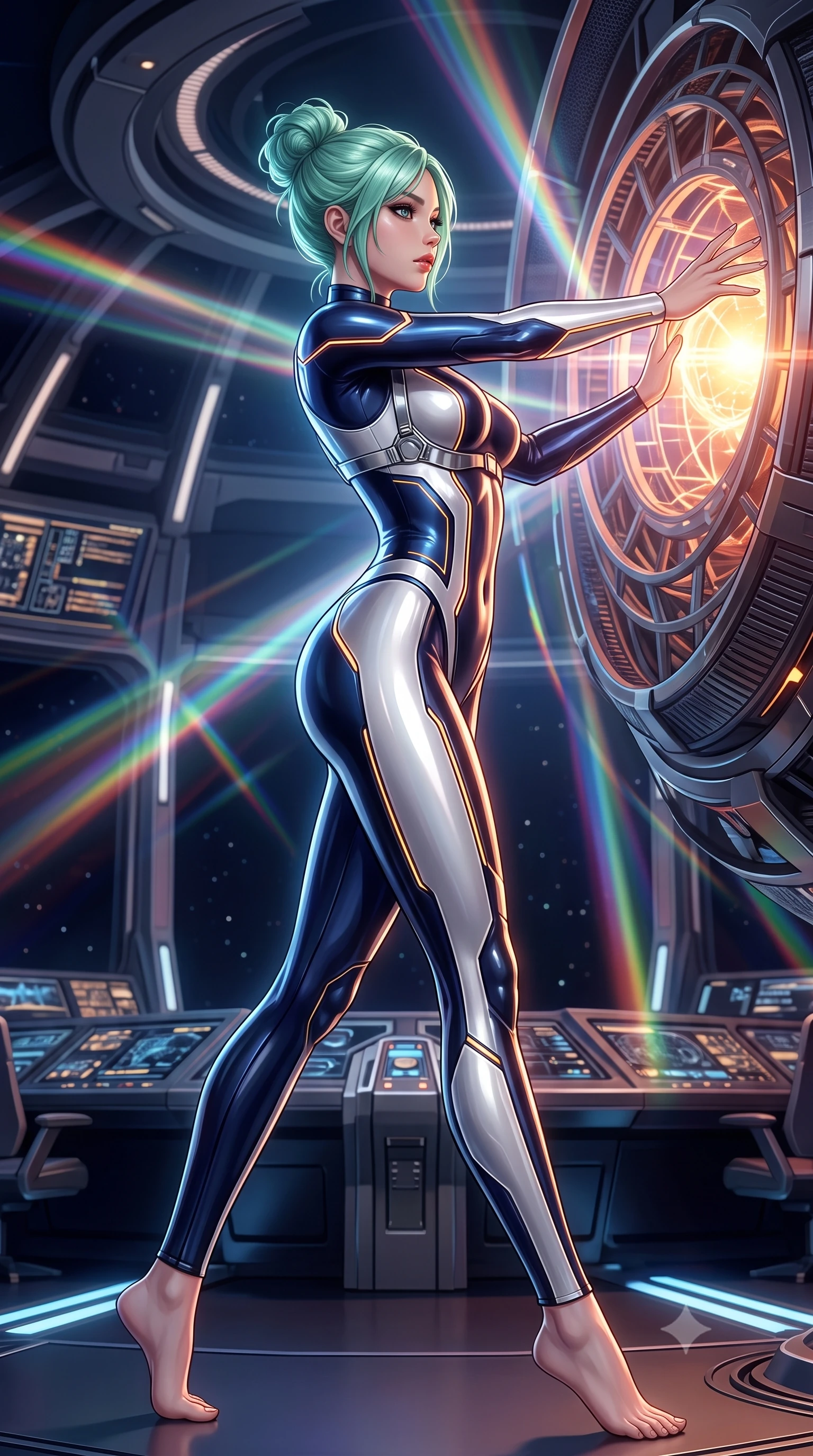 score_9, masterpiece, best quality, ultra-detailed, high-budget anime keyframe, semi-realistic 3D game render, editorial fashion photography, tasteful artistic composition, Japanese woman. low angle full-body shot from head to toe showing her feet, filling the entire 9:16 vertical frame with her statuesque presence, stretching her vertical silhouette. striding forward with commanding supermodel grace, her 8.5-heads statuesque silhouette dominating the vertical frame from head to toe while arching her spine in a fluid zero-gravity stretch with arms outstretched toward the glowing heart of the warp core. The surrounding environment is rendered in vivid detail and crisp panoramic clarity. intricate warp core containment field lattices, starship bridge consoles, and prism light shafts in high clarity. She has an absolutely perfect, statuesque 8.5-heads proportion, an exceptionally tall and slender model-like female figure with impossibly long slender legs, a toned flat midriff, and an ultra-slim waist. sharp v-shaped jawline, high-bridge nose, intricate jewel-like eyes with depth, thick eyelashes, glossy lips with a natural sheen, flawlessly proportioned anatomical accuracy, strict slender model proportions, natural body alignment, perfectly sculpted long slender limbs, ultra-slim waistline, clean dynamic posture without body distortion. wearing a statuesque midnight cobalt and polished platinum bodysuit featuring sleek aerodynamic contour lines and glowing circuit accents in high-contrast monochrome white enamel and glowing amber lines, crafted from ultra-reflective second-skin liquid metal with a mirror-like polish, reinforced by a sleek metallic chrome harness and delicate glowing micro-straps, the sleek second-skin cut tightly hugging her graceful clavicle, narrow waist, and feminine curves with athletic precision. illuminated by intense directional rim lights sharply defining her ultra-slim waist, long legs, and flat midriff. rich saturated anime colors with glowing neon highlights, detailed shading with soft gradients, rich glossy textures, high-contrast stereoscopic depth, volumetric dynamic lighting, master piece, 9:16 ratio