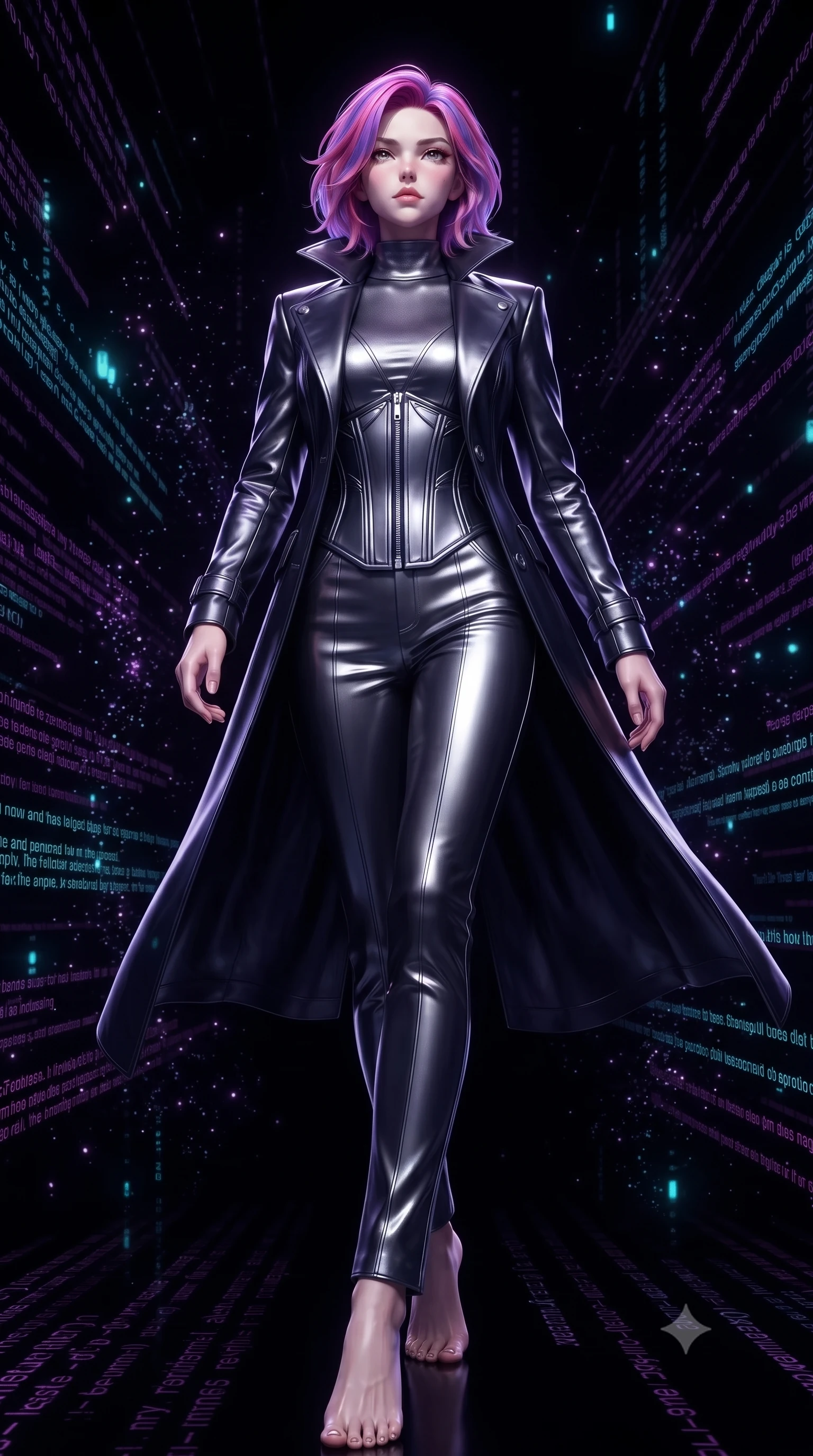 score_9, masterpiece, best quality, ultra-detailed, high-budget anime keyframe, editorial fashion photography, tasteful artistic composition, Caucasian woman. low angle full-body shot from head to toe showing her feet, filling the entire 9:16 vertical frame with her statuesque presence, stretching her vertical silhouette. stepping gracefully through the dark environment, stretching her statuesque silhouette, standing inside a pitch-black digital void filled with dark purple holographic code streams, glowing cyan data particles sparkling like digital stars. She has an absolutely perfect, statuesque 8.5-heads proportion, an exceptionally tall and slender model-like female figure with impossibly long slender legs and an ultra-slim waist. sharp v-shaped jawline, high-bridge nose, intricate jewel-like eyes with depth, thick eyelashes, glossy lips with a natural sheen. wearing structured dark leather long coat over turtleneck and tailored slacks in metallic dark silver, made of sculpted obsidian metallic chrome, finished with metallic silver boning and sleek zipper points, the fitted fabric emphasizing her ultra-slim waist. illuminated by dark purple and cyan holographic data rays against a black void. ultra-reflective glossy finish, specular highlights, metallic sheen, high-contrast stereoscopic depth, volumetric dynamic lighting, 2k, ultra detail, master piece, 9:16 ratio