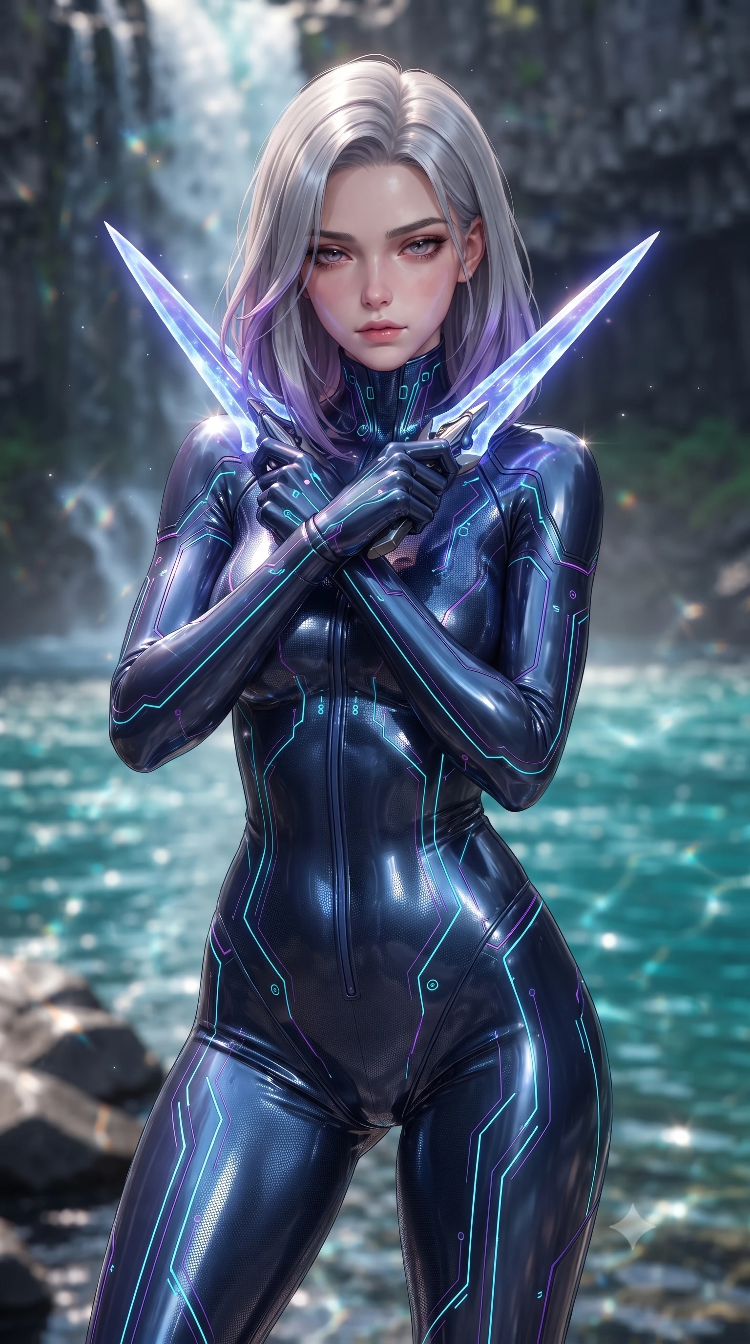 score_9, masterpiece, best quality, ultra-detailed, high-budget anime keyframe, editorial fashion photography, tasteful artistic composition, Caucasian woman. close-up cowboy shot from the waist and thighs up, the character dominates the composition, filling the frame with her large presence, background elements kept in soft focus. holding two energy daggers crossed in front of her elegant collarbone, casting a heavy-lidded, sultry look, the background shows a soft-focus a waterfall terrace made of dark basalt stone overlooking a turquoise river. She has an exceptionally elegant, slender, and willowy female figure with an ultra-slim waist, a gracefully sculpted slender torso, and a refined silhouette. sharp v-shaped jawline, high-bridge nose, intricate jewel-like eyes with depth, thick eyelashes, glossy lips with a natural sheen. wearing a form-contouring body-hugging deep navy nano-texturing catsuit decorated with thin, glowing cybernetic circuitry lines. shimmering light refracting through the water spray onto her elegant collarbone. ultra-reflective glossy finish, specular highlights, metallic sheen, high-contrast stereoscopic depth, volumetric dynamic lighting, 2k, ultra detail, master piece, 9:16 ratio