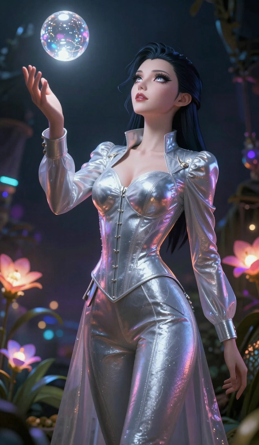 score_9, masterpiece, best quality, ultra-detailed, High-budget Anime Keyframe, Caucasian woman, strictly human ears. Low angle cowboy shot filling the entire 9:16 frame with her statuesque presence. Scenario 475: reaching out to catch a floating sphere of liquid light in a virtual garden where neon flowers bloom in the dark. Her presence is magnetic and overpowering in this high-budget anime scene. Outfit 475: a form-contouring liquid silver shimmering chiffon jacket layered over a structured corset bodice. The clothing is designed to emphasize her exceptionally tall and slender 8-heads proportion. 8-heads proportion, towering silhouette, ultra-slim waist. sharp v-shaped jawline, intricate jewel-like eyes with depth, thick eyelashes, glossy lips. 2k, ultra detail, master piece, 9:16 ratio