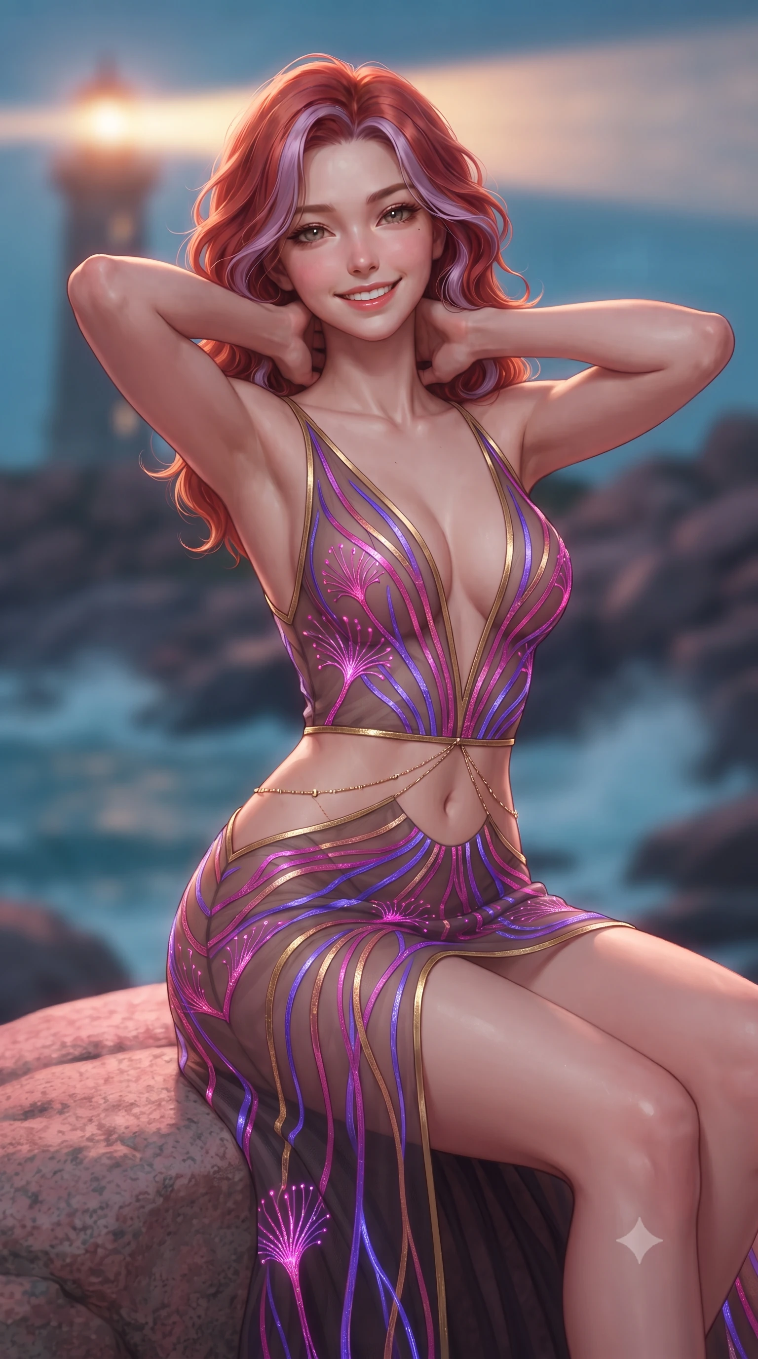 score_9, masterpiece, best quality, ultra-detailed, high-budget anime keyframe, editorial fashion photography, tasteful artistic composition, Caucasian woman. close-up cowboy shot from the waist and thighs up, the character dominates the composition, filling the frame with her large presence. resting both hands lightly behind her neck with elbows raised, arching her spine to highlight her narrow waist, flat midriff, and breathtaking collarbones while sitting perched on the smooth granite rock with legs crossed, running one manicured hand slowly down her neck with effortless poise. The background shows a soft-focus sweeping golden beacon beam of the historic lighthouse, foaming Atlantic ocean breakers, and pink granite rock formations blurred into rose gold, cyan, and navy bokeh. She has an exceptionally elegant, slender, and willowy female figure with an ultra-slim waist, flat toned midriff, narrow ribcage, and sculpted feminine hips creating an alluring, slim hourglass silhouette without bulk. sharp v-shaped jawline, high-bridge nose, intricate jewel-like sparkling eyes with depth, thick eyelashes, glossy parted lips with a natural peach sheen, bright cheerful beaming smile with an enchanting and coquettish sensual glint, exuding both youthful cute charm and seductive allure, flawlessly proportioned anatomical accuracy, strict slender model proportions, natural body alignment, perfectly sculpted long slender limbs, ultra-slim waistline, clean dynamic posture without body distortion. wearing a plunge-front sheer illusion tulle slip dress with liquid gold ribbon stripes hugging her curves in Supertree bioluminescent magenta and electric violet, crafted from bespoke double-faced cashmere with an exceptionally soft tactile finish, accented with a dainty gold belly chain resting across her flat midriff and curving hips, the glove-like clinging cut tightly following the natural contour of her hips and long slender legs with youthful 8.5-heads elegance. bathed in periodic sweeping golden lighthouse lamp beams contrasted with deep navy ocean ambient and moonlight. ultra-reflective glossy finish, specular highlights, rich textural contrasts, high-contrast stereoscopic depth, volumetric dynamic lighting, 2k, ultra detail, master piece, 9:16 ratio