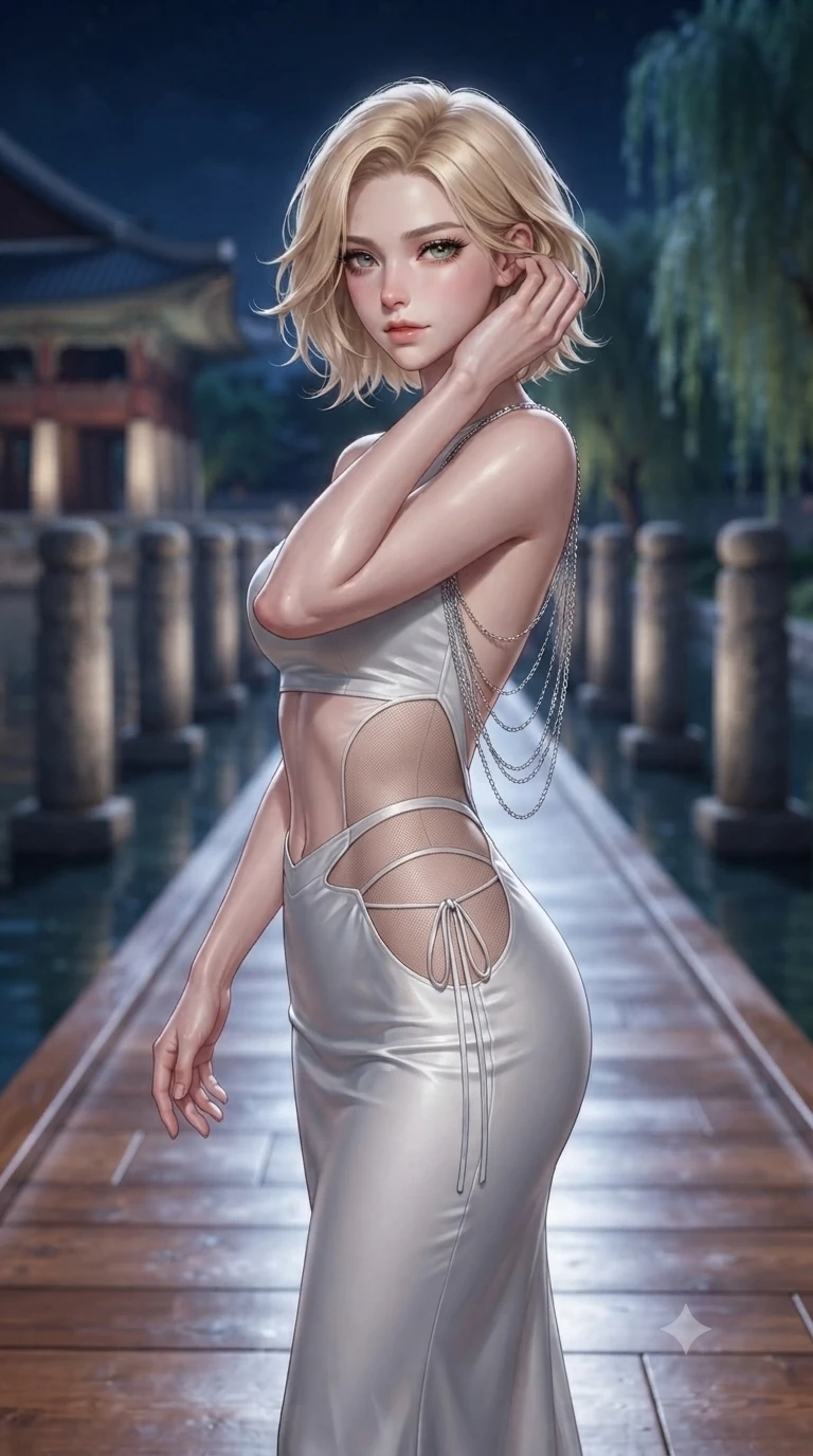 score_9, masterpiece, best quality, ultra-detailed, high-budget anime keyframe, editorial fashion photography, tasteful artistic composition, Caucasian woman. close-up cowboy shot from the waist and thighs up, the character dominates the composition, filling the frame with her large presence. gently brushing a lock of silk hair behind her ear while casting a playful, flirtatious side-gaze with long eyelashes while walking slowly down the grand wooden pavilion deck with regal dark elegance, hips swaying in an alluring supermodel rhythm. The background shows a soft-focus dozens of stone columns rising from the lake, curved palace eaves, and distant weeping willows blurred into indigo, terracotta, and silver bokeh. She has an exceptionally elegant, slender, and willowy female figure with an ultra-slim waist, flat toned midriff, narrow ribcage, and sculpted feminine hips creating an alluring, slim hourglass silhouette without bulk. sharp v-shaped jawline, high-bridge nose, sparkling eyes with hypnotic seductive depth, thick curled eyelashes, glossy parted lips with a natural dewy peach sheen, alluring bedroom-eyes with an enchanting coquettish smile, exuding magnetic siren charisma and sophisticated glamour, flawlessly proportioned anatomical accuracy, strict slender model proportions, natural body alignment, perfectly sculpted long slender limbs, ultra-slim waistline, clean dynamic posture without body distortion. wearing an alluring low-slung modern hanbok wrap skirt with bare waist flanks and delicate silk cord ties in celestial pearl white and moonlight platinum, featuring strategic sheer-illusion micro-mesh cutouts along her ribcage and hip flanks, accented with an open-back drape framed by falling strands of delicate chrome chains, the glove-like clinging cut tightly following the natural contour of her hips and long slender legs with youthful 8.5-heads elegance. bathed in brilliant 4000K moonbeams sweeping across open palace waters. ultra-reflective glossy finish, specular highlights, rich textural contrasts, high-contrast stereoscopic depth, volumetric dynamic lighting, 2k, ultra detail, master piece, 9:16 ratio