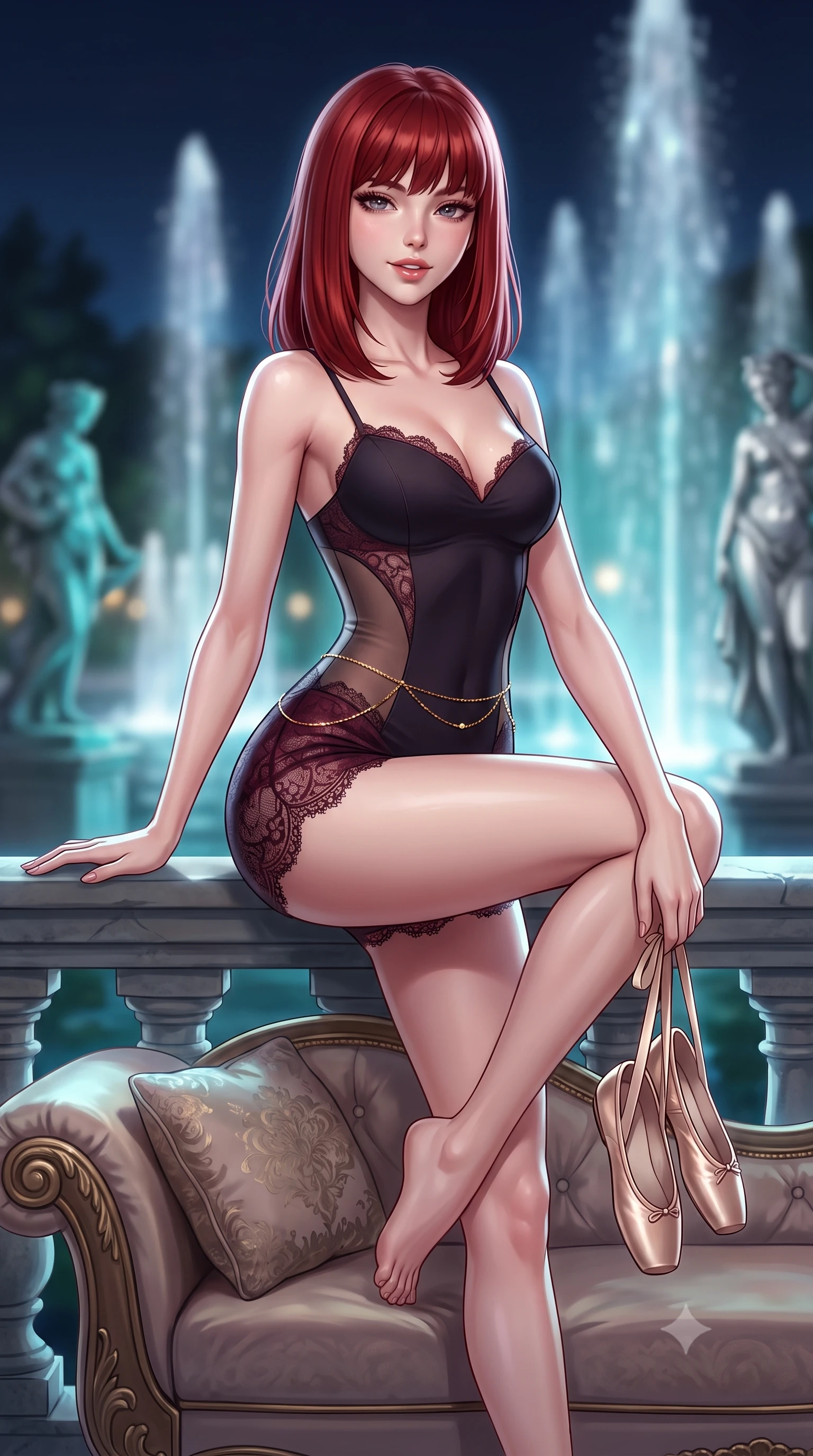 score_9, masterpiece, best quality, ultra-detailed, high-budget anime keyframe, semi-realistic 3D game render, editorial fashion photography, tasteful artistic composition, Caucasian woman. close-up cowboy shot from the waist and thighs up, the character dominates the composition, filling the frame with her large presence. perched sideways on the lounge seat, one knee drawn up to showcase her slender leg line while her arched back accentuates her feminine hip curve while lounging on the stone balustrade with one knee bent, holding her satin ballet shoes with an enchanting, parted-lip smile. The background shows a soft-focus illuminated palace fountains spraying into the midnight air and classical garden sculptures blurred into turquoise, silver, and charcoal bokeh. She has an exceptionally elegant, slender, and willowy female figure with an ultra-slim waist, flat toned midriff, narrow ribcage, and sculpted feminine hips creating an alluring, slim hourglass silhouette without bulk. sharp v-shaped jawline, high-bridge nose, sparkling eyes with hypnotic seductive depth, thick curled eyelashes, glossy parted lips with a natural dewy peach sheen, alluring bedroom-eyes with an enchanting coquettish smile, exuding magnetic siren charisma and sophisticated glamour, flawlessly proportioned anatomical accuracy, strict slender model proportions, natural body alignment, perfectly sculpted long slender limbs, ultra-slim waistline, clean dynamic posture without body distortion. wearing a deep sweetheart-neckline matte-carbon bodycon romper with sheer side-torso cutouts accentuating her hourglass curves in smoky bordeaux wine and gilded bronze, made of delicate semi-sheer French Chantilly lace with intricate eyelash edges, accented with a dainty gold belly chain resting across her flat midriff and curving hips, the form-contouring silhouette accentuating her sculpted flat midriff, narrow delicate ribcage, and gracefully curvy hips with intoxicating allure. illuminated by fountain water caustic bounce and sharp platinum rim lights sculpting her delicate clavicles, narrow waist, and curvy hips. highly saturated vibrant anime colors, detailed shading with soft gradients, rich glossy textures, high-contrast stereoscopic depth, volumetric dynamic lighting, master piece, 9:16 ratio