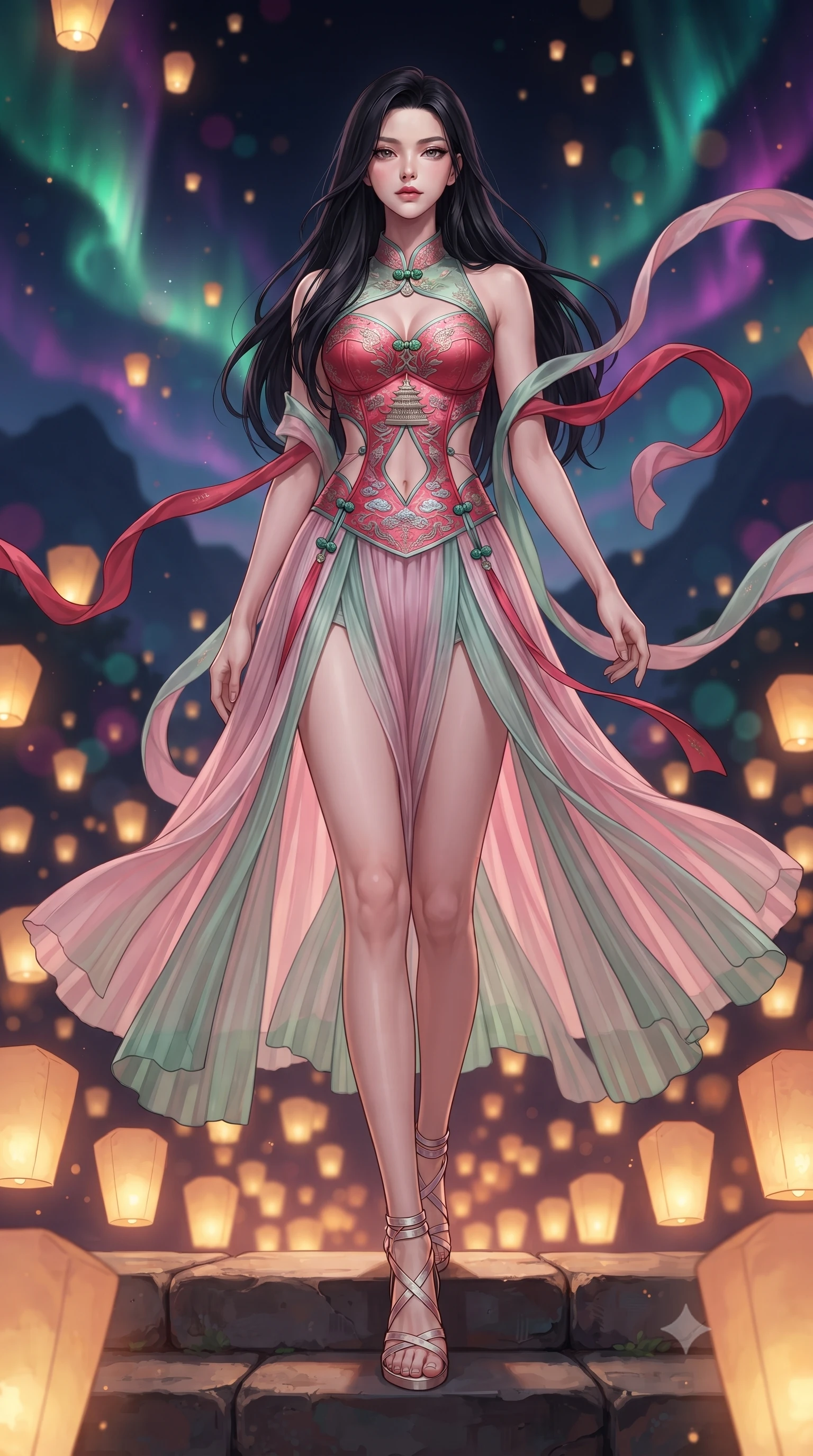 score_9, masterpiece, best quality, ultra-detailed, high-budget anime keyframe, editorial fashion photography, tasteful artistic composition, Korean woman. low angle full-body shot from head to toe showing her feet, filling the entire 9:16 vertical frame with her statuesque presence, stretching her vertical silhouette. striding forward in a proud, dynamic supermodel runway stride, her statuesque vertical silhouette commanding the entire frame while resting on ancient stone shrine steps surrounded by glowing paper lanterns with a serene, enchanting smile. The composition keeps background elements in soft focus with creamy bokeh. swirling emerald and violet aurora ribbons and dark mountain silhouettes blurred into deep indigo, magenta, and teal bokeh. She has an absolutely perfect, statuesque 8.5-heads proportion, an exceptionally tall and slender model-like female figure with impossibly long slender legs, a toned flat midriff, and an ultra-slim waist. sharp v-shaped jawline, high-bridge nose, intricate jewel-like eyes with depth, thick eyelashes, glossy lips with a natural sheen, captivating and magnetic expression, flawlessly proportioned anatomical accuracy, strict slender model proportions, natural body alignment, perfectly sculpted long slender limbs, ultra-slim waistline, clean dynamic posture without body distortion. wearing a sacred shrine maiden couture robe with sheer pleated chiffon skirt and structured scarlet corset top in lotus petal pink and jade mist, woven from fine mulberry silk with metallic thread embroidery, finished with genuine jade button closures and floating celestial silk ribbons, the precision-cut daring openings accentuating her delicate midriff, graceful bare collarbones, and ultra-slim feminine waistline. bathed in vibrant emerald and violet aurora light overhead and warm golden lantern uplights from below. ultra-reflective glossy finish, specular highlights, rich textural contrasts, high-contrast stereoscopic depth, volumetric dynamic lighting, 2k, ultra detail, master piece, 9:16 ratio