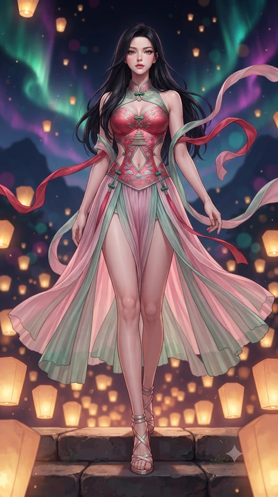 score_9, masterpiece, best quality, ultra-detailed, high-budget anime keyframe, editorial fashion photography, tasteful artistic composition, Korean woman. low angle full-body shot from head to toe showing her feet, filling the entire 9:16 vertical f