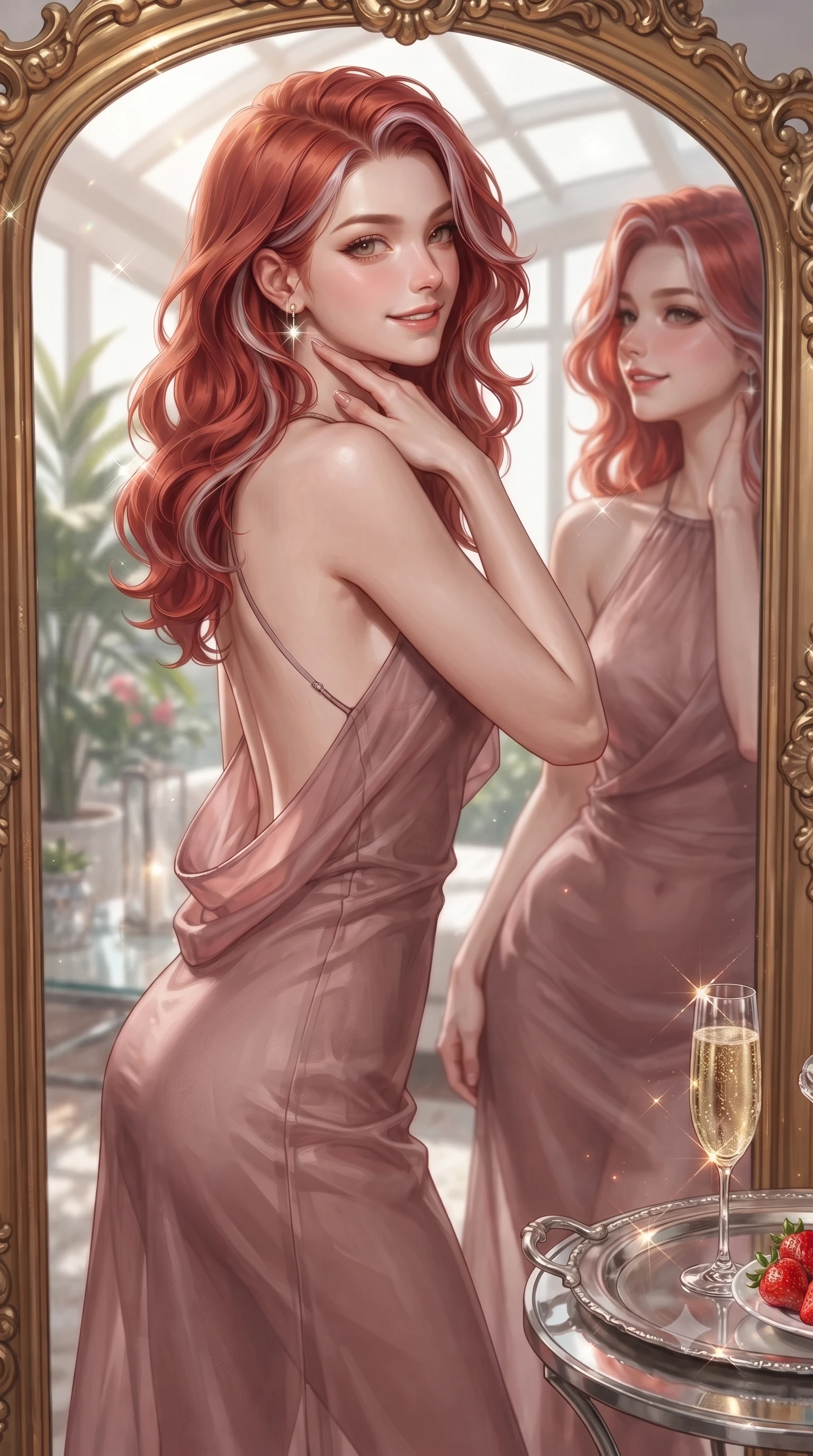 score_9, masterpiece, best quality, ultra-detailed, high-budget anime keyframe, editorial fashion photography, tasteful artistic composition, Caucasian woman. close-up cowboy shot from the waist and thighs up, the character dominates the composition, filling the frame with her large presence, background elements kept in soft focus. gazing into a gilded mirror reflection with a confident, sensual smile, tracing her neck contour set against a soft-focus background of inside an exclusive solarium deck with a crystal glass of sparkling champagne and fresh strawberries on a silver tray. She has an exceptionally elegant, slender, and willowy female figure with an ultra-slim waist, a gracefully sculpted slender torso, and a refined silhouette. sharp v-shaped jawline, high-bridge nose, intricate jewel-like eyes with depth, thick eyelashes, glossy lips with a natural sheen. wearing form-contouring dusty rose sheer organza backless linen halter dress featuring delicate straps and a draped open-back design featuring refined tailored seams. lit by crisp morning sun rays creating sparkling glints on polished glass and water. ultra-reflective glossy finish, specular highlights, metallic sheen, high-contrast stereoscopic depth, volumetric dynamic lighting, 2k, ultra detail, master piece, 9:16 ratio