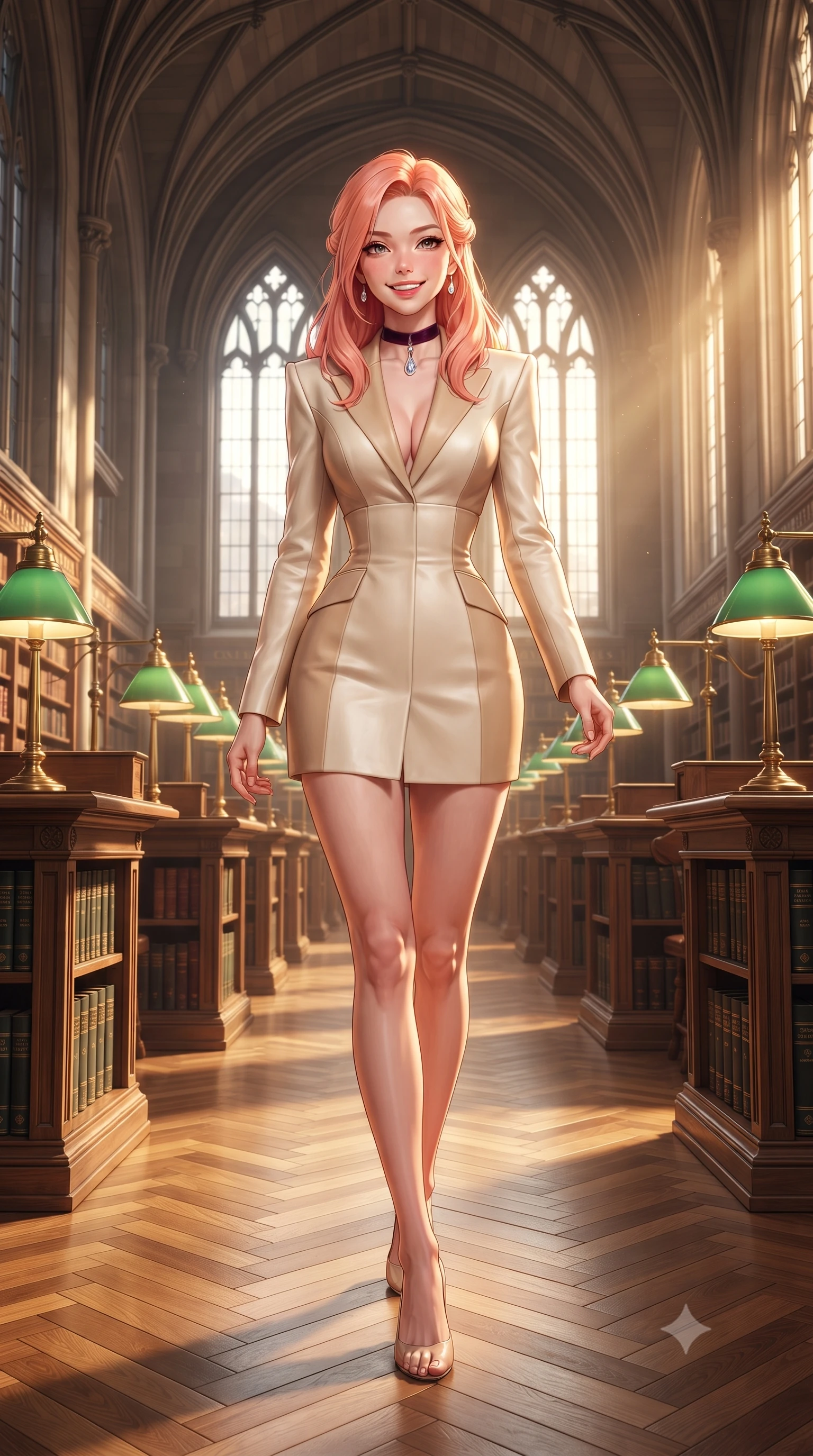 score_9, masterpiece, best quality, ultra-detailed, high-budget anime keyframe, editorial fashion photography, tasteful artistic composition, Japanese woman. low angle full-body shot from head to toe showing her feet, filling the entire 9:16 vertical frame with her statuesque presence, stretching her vertical silhouette. standing poised beside the classical stone balustrade with one foot slightly forward, arching her lower back with regal supermodel grace while walking slowly down the grand vaulted central aisle between green banker desk lamps, turning with effortless aristocratic grace. The surrounding environment is rendered in vivid detail and crisp panoramic clarity: sharp carved oak tracery on book stacks, gold-embossed spine lettering, and polished parquet flooring grain in deep focus. She has an exceptionally tall and slender model-like 8.5-heads proportion, an ultra-slim waist, a flat toned midriff, narrow delicate ribcage, and beautifully sculpted feminine hips creating a graceful, slim hourglass silhouette without any bulky heaviness, with impossibly long slender legs. sharp v-shaped jawline, high-bridge nose, intricate jewel-like sparkling eyes with depth, thick eyelashes, glossy parted lips with a natural peach sheen, bright cheerful beaming smile with an enchanting and coquettish sensual glint, exuding both youthful cute charm and seductive allure, flawlessly proportioned anatomical accuracy, strict slender model proportions, natural body alignment, perfectly sculpted long slender limbs, ultra-slim waistline, clean dynamic posture without body distortion. wearing a bespoke hourglass-tailored wool blazer dress with structured shoulders and a deeply cinched belt, highlighting her sculpted feminine hips in soft champagne ivory and warm biscuit beige, crafted from buttery-soft stretch lambskin leather adhering to her body like a second skin, finished with a narrow velvet neck ribbon and a sparkling teardrop crystal pendant, the snug waist-cinching tailoring accentuating her ultra-slim waistline and the enchanting curve of her feminine hips with alluring seductive charm. bathed in luminous golden afternoon sunlight slanting through tall gothic lancet windows mixed with warm brass desk lamp glows. ultra-reflective glossy finish, specular highlights, rich textural contrasts, high-contrast stereoscopic depth, volumetric dynamic lighting, 2k, ultra detail, master piece, 9:16 ratio