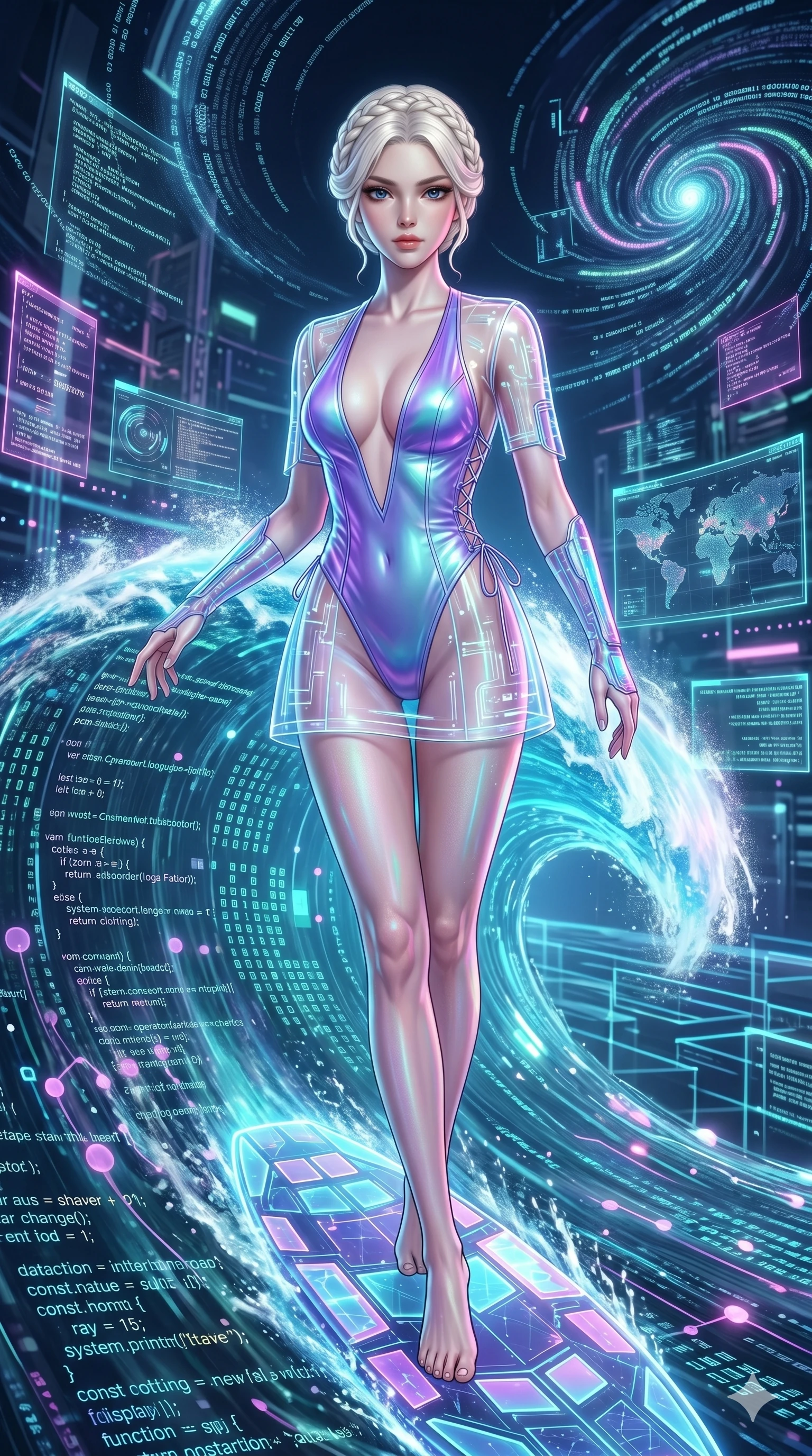 score_9, masterpiece, best quality, ultra-detailed, Photorealistic 8k CG, masterpiece, hyper-realistic SSS skin texture, cinematic ray-tracing, every pore and strand of hair rendered with extreme precision, 8k resolution, Korean woman with idol-like refined features. Wide-angle low shot emphasizing her impossibly long slender legs and commanding stature. Surfing on a massive wave of pure data within a virtual world, the landscape changing rapidly as she speeds through. She has an absolutely perfect 8-heads proportion, an exceptionally tall and slender female figure with impossibly long slender legs and an ultra-slim waist, her statuesque height and towering silhouette dominating the vertical 9:16 frame. Her face is a masterpiece featuring a sharp v-shaped jawline, high-bridge nose, intricate jewel-like eyes with depth, thick eyelashes, and glossy lips with a natural sheen. She is wearing a Transparent mini-dress with glowing internal circuits and a high-cut structural leotard crafted from Iridescent vinyl with a futuristic sheen that shifts between violet and cyan, featuring a deep plunging neckline and delicate lace-up side details. The scene is set in an underground rebel bunker with flickering holographic screens and tactical maps, illuminated by soft bioluminescent glow from the environment casting ethereal colors on her skin. 2k, ultra detail, master piece, 9:16 ratio