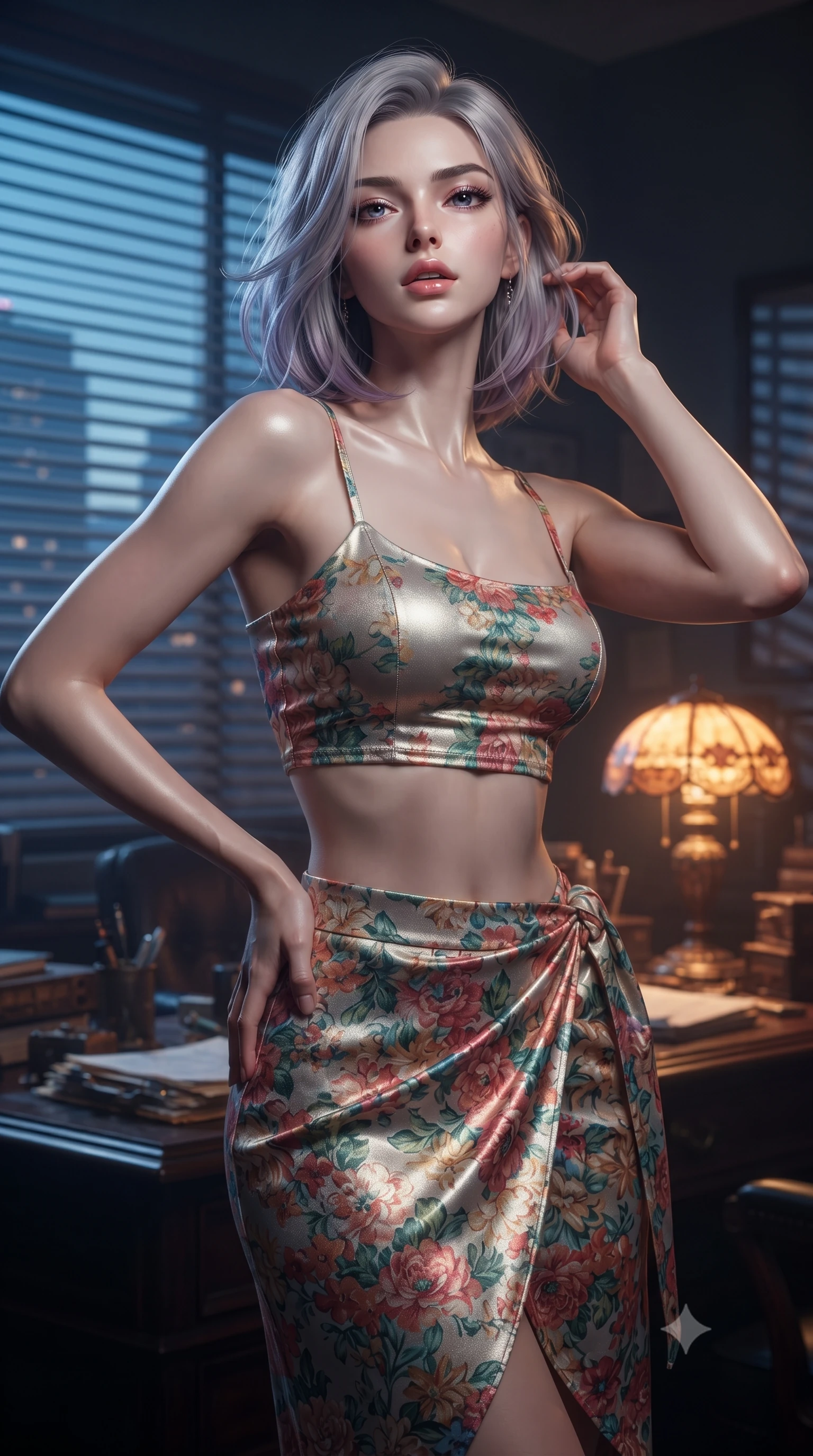 score_9, masterpiece, best quality, ultra-detailed, high-budget anime keyframe, editorial fashion photography, tasteful artistic composition, Caucasian woman. close-up cowboy shot from the waist and thighs up, the character dominates the composition, filling the frame with her large presence, background elements kept in soft focus. tilting her chin up slightly with lips parted in a composed, provocative expression the background shows a soft-focus a dimly lit detective office with rotating window blinds casting horizontal shadows. She has an exceptionally elegant, slender, and willowy female figure with an ultra-slim waist, a gracefully sculpted slender torso, and a refined silhouette. sharp v-shaped jawline, high-bridge nose, intricate jewel-like eyes with depth, thick eyelashes, glossy lips with a natural sheen. wearing a form-contouring summer vacation crop top and wrap skirt set in floral print cotton, showing her slim waist. cool blue city twilight key light contrasting with the warm amber glow of a desk lamp. ultra-reflective glossy finish, specular highlights, metallic sheen, high-contrast stereoscopic depth, volumetric dynamic lighting, 2k, ultra detail, master piece, 9:16 ratio