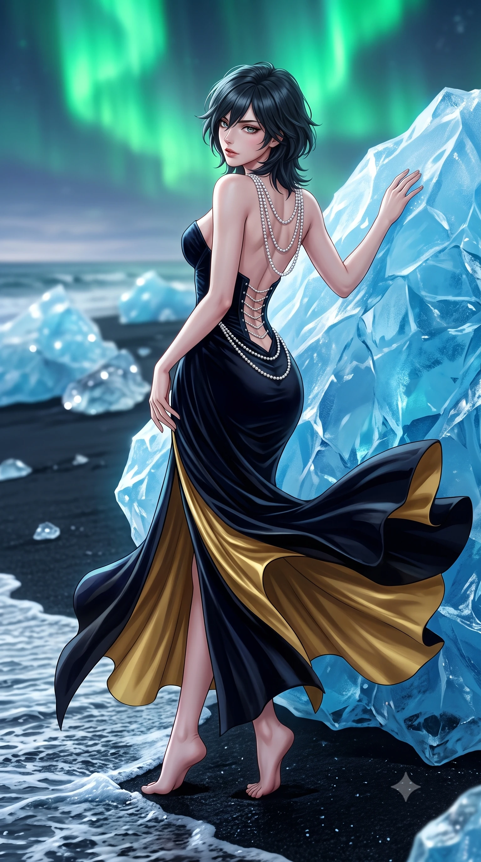 score_9, masterpiece, best quality, ultra-detailed, high-budget anime keyframe, semi-realistic 3D game render, editorial fashion photography, tasteful artistic composition, Caucasian woman. low angle full-body shot from head to toe showing her feet, filling the entire 9:16 vertical frame with her statuesque presence, stretching her vertical silhouette. executing an elegant mid-motion pivot turn as garments swirl around her slender limbs, glancing over her shoulder with an intoxicating bedroom-gaze while reclining against a massive crystal-clear blue iceberg stranded on the jet-black volcanic sand, arching her spine as Arctic waves lap near her feet. The composition keeps background elements in soft focus with creamy bokeh. glistening stranded icebergs and dark volcanic sand beaches softened in dramatic cinematic depth. She has an exceptionally tall and slender model-like 8.5-heads proportion, an ultra-slim waist, a flat toned midriff, narrow delicate ribcage, and beautifully sculpted feminine hips creating a graceful, slim hourglass silhouette without any bulky heaviness, with impossibly long slender legs. sharp v-shaped jawline, high-bridge nose, intricate jewel-like eyes with depth, thick eyelashes, glossy parted lips with a natural sheen, intensely captivating and seductive bedroom-eyes expression, flawlessly proportioned anatomical accuracy, strict slender model proportions, natural body alignment, perfectly sculpted long slender limbs, ultra-slim waistline, clean dynamic posture without body distortion. wearing a deep sweetheart neckline crushed velvet corseted ballgown with an exposed midriff cutout in midnight obsidian black and liquid gold, crafted from heavyweight crushed silk velvet with liquid vintage luster, accented with a multi-strand pearl back necklace cascading down her bare spine to her hips, the glove-like aerodynamic silhouette tightly following the natural contour of her hips and long slender legs with statuesque 8.5-heads elegance. bathed in vibrant emerald aurora backlighting from above and cool silver twilight sea reflections. highly saturated vibrant anime colors, detailed shading with soft gradients, rich glossy textures, high-contrast stereoscopic depth, volumetric dynamic lighting, master piece, 9:16 ratio