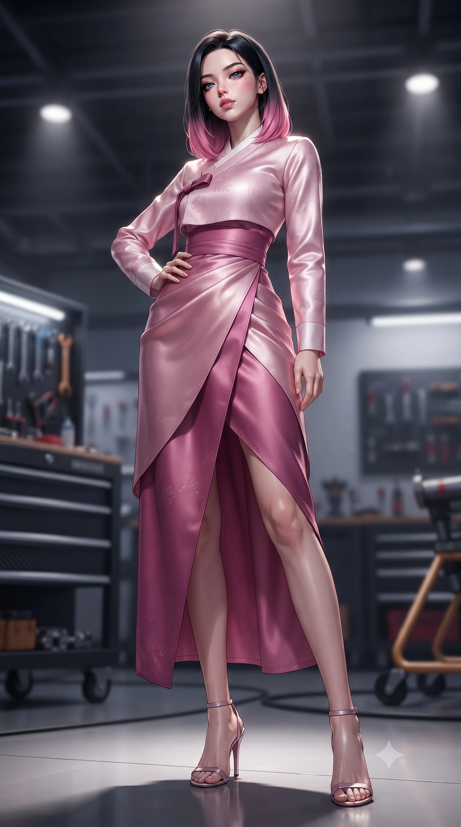 score_9, masterpiece, best quality, ultra-detailed, high-budget anime keyframe, editorial fashion photography, tasteful artistic composition, Korean woman. low angle full-body shot from head to toe showing her feet, filling the entire 9:16 vertical frame with her statuesque presence, stretching her vertical silhouette. posing confidently with one hand on her hip, stretching her statuesque body to emphasize her curves the background shows a soft-focus a private helicopter hangar with steel racks, tools, and carbon fiber panels. She has an absolutely perfect, statuesque 8.5-heads proportion, an exceptionally tall and slender model-like female figure with impossibly long slender legs and an ultra-slim waist. sharp v-shaped jawline, high-bridge nose, intricate jewel-like eyes with depth, thick eyelashes, glossy lips with a natural sheen. wearing a body-hugging modern fusion hanbok jeogori in light pink silk, paired with a high-waisted wrap skirt. focused spotlights casting sharp, detailed shadows across her figure. ultra-reflective glossy finish, specular highlights, metallic sheen, high-contrast stereoscopic depth, volumetric dynamic lighting, 2k, ultra detail, master piece, 9:16 ratio
