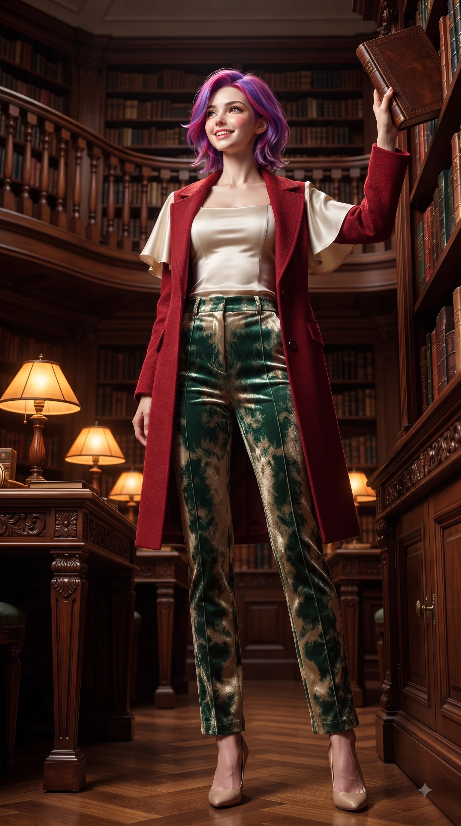 score_9, masterpiece, best quality, ultra-detailed, high-budget anime keyframe, editorial fashion photography, tasteful artistic composition, Caucasian woman. low angle full-body shot from head to toe showing her feet, filling the entire 9:16 vertical frame with her statuesque presence, stretching her vertical silhouette. Youthful cheerful smile exuding cute playful charm and radiant sparkle in her eyes while standing near a carved mahogany bookcase in a grand library reaching for a leather book. The surrounding environment is rendered in vivid detail and crisp panoramic clarity. rich chiaroscuro lighting and classic architectural library design captured with high environmental detail. She has an absolutely perfect, statuesque 8.5-heads proportion, an exceptionally tall and slender model-like female figure with impossibly long slender legs and an ultra-slim waist. sharp v-shaped jawline, high-bridge nose, intricate jewel-like eyes with depth, thick eyelashes, glossy lips with a natural sheen, flawlessly proportioned anatomical accuracy, natural body alignment, perfectly sculpted elegant limbs, clean dynamic posture without body distortion. wearing a tailored crimson red wool coat over a fitted ivory silk top and tailored trousers in deep emerald green and champagne gold, made of premium stretch velvet with a rich glossy sheen, featuring elegant flutter sleeves and a graceful square neckline, the tailored fit highlighting her statuesque and model-like silhouette. illuminated by warm glowing amber desk lamps and rich wood refractions. ultra-reflective glossy finish, specular highlights, metallic sheen, high-contrast stereoscopic depth, volumetric dynamic lighting, 2k, ultra detail, master piece, 9:16 ratio