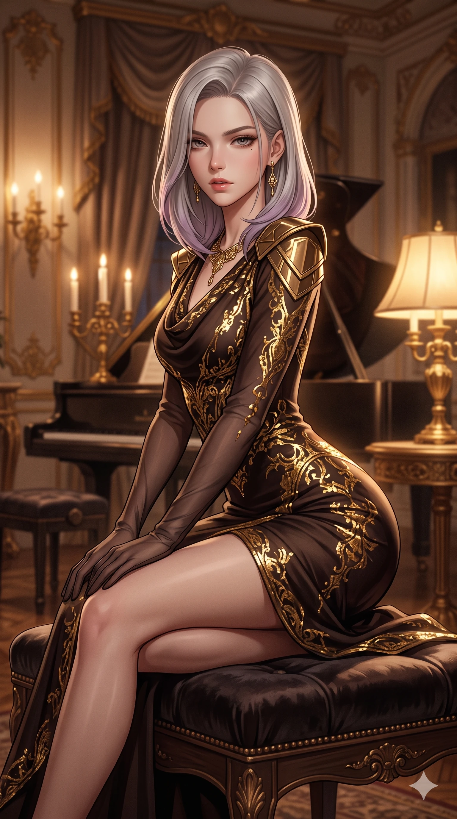 score_9, masterpiece, best quality, ultra-detailed, high-budget anime keyframe, semi-realistic 3D game render, editorial fashion photography, tasteful artistic composition, Caucasian woman. close-up cowboy shot from the waist and thighs up, the character dominates the composition, filling the frame with her large presence. leaning forward while arching her lower back to accentuate her curvy hips, looking into the camera with an intoxicating smoldering gaze and bedroom-eyes while perched sideways on the velvet-upholstered music bench, one knee drawn up to showcase her slender leg line while her arched back accentuates her feminine hip curve. The background shows a soft-focus intimate classical music salon atmosphere softened in baroque conservatoire shallow focus. She has an exceptionally elegant, slender, and willowy female figure with an ultra-slim waist, flat toned midriff, narrow ribcage, and sculpted feminine hips creating an alluring, slim hourglass silhouette without bulk. sharp v-shaped jawline, high-bridge nose, intricate jewel-like sparkling eyes with depth, thick eyelashes, glossy parted lips with a natural sheen, intensely captivating and seductive bedroom-eyes expression, exuding both youthful cute charm and sovereign luxury allure, flawlessly proportioned anatomical accuracy, strict slender model proportions, natural body alignment, perfectly sculpted long slender limbs, ultra-slim waistline, clean dynamic posture without body distortion. wearing a refined long-sleeve cowl-neck silk georgette diplomatic gown with structured geometric shoulder plates in dark espresso brown and molten gold foil, crafted from bespoke double-faced cashmere with an exceptionally soft tactile finish, complemented by sheer opera-length evening gloves tracing her slender arms, the bespoke structured tailoring following the natural line of her 8.5-heads silhouette with refined elegance. bathed in the soft, intimate warm 2600K ambient light of candelabras and gilded table lamps. highly saturated vibrant anime colors, detailed shading with soft gradients, rich glossy textures, high-contrast stereoscopic depth, volumetric dynamic lighting, master piece, 9:16 ratio