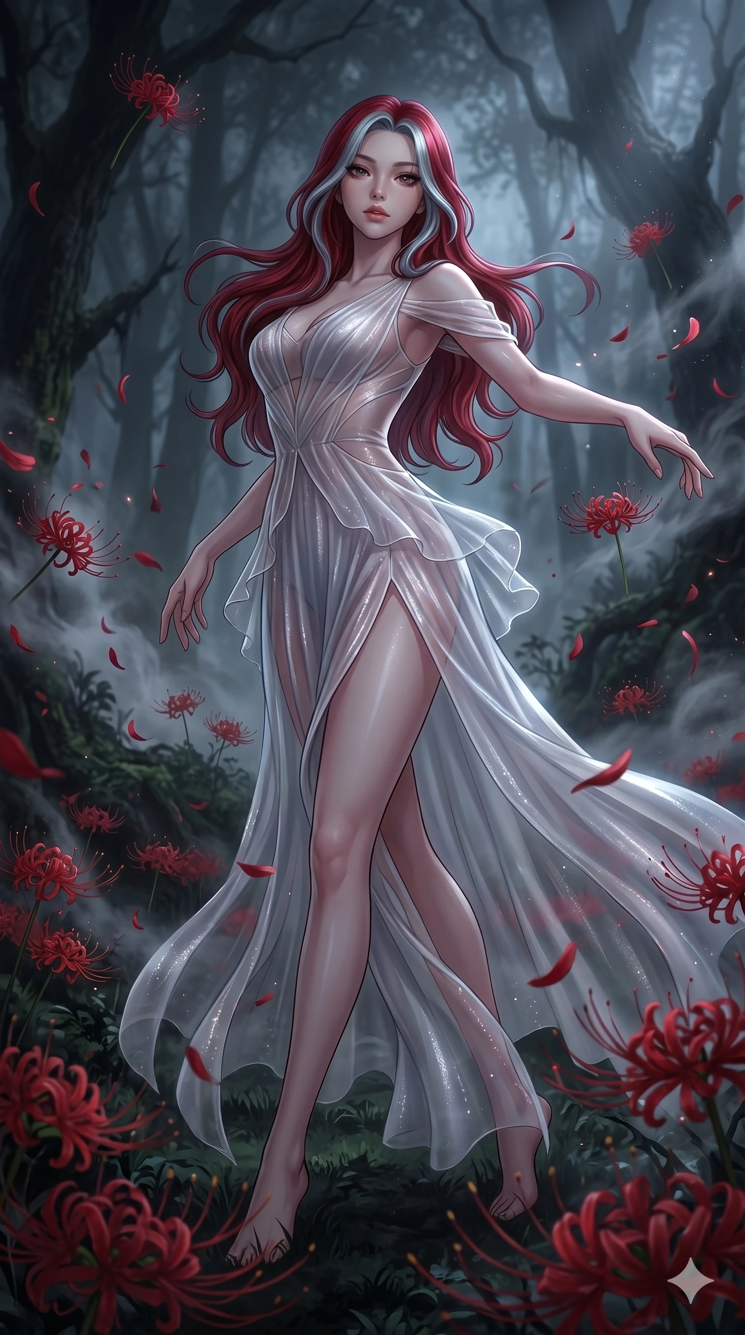score_9, masterpiece, best quality, ultra-detailed, High-budget Anime Keyframe, East Asian woman. Low angle cowboy shot filling the entire 9:16 frame with her statuesque presence. Scenario 215: Dancing amidst falling red spider lilies in a misty dark forest. Her presence is magnetic and overpowering in this high-budget anime scene. Outfit 215: A shimmering chiffon bare with a thigh-high slit and translucent layers. The clothing is designed to emphasize her exceptionally tall and slender 8-heads proportion. 8-heads proportion, towering silhouette, ultra-slim waist. sharp v-shaped jawline, intricate jewel-like eyes with depth, thick eyelashes, glossy lips. 2k, ultra detail, master piece, 9:16 ratio